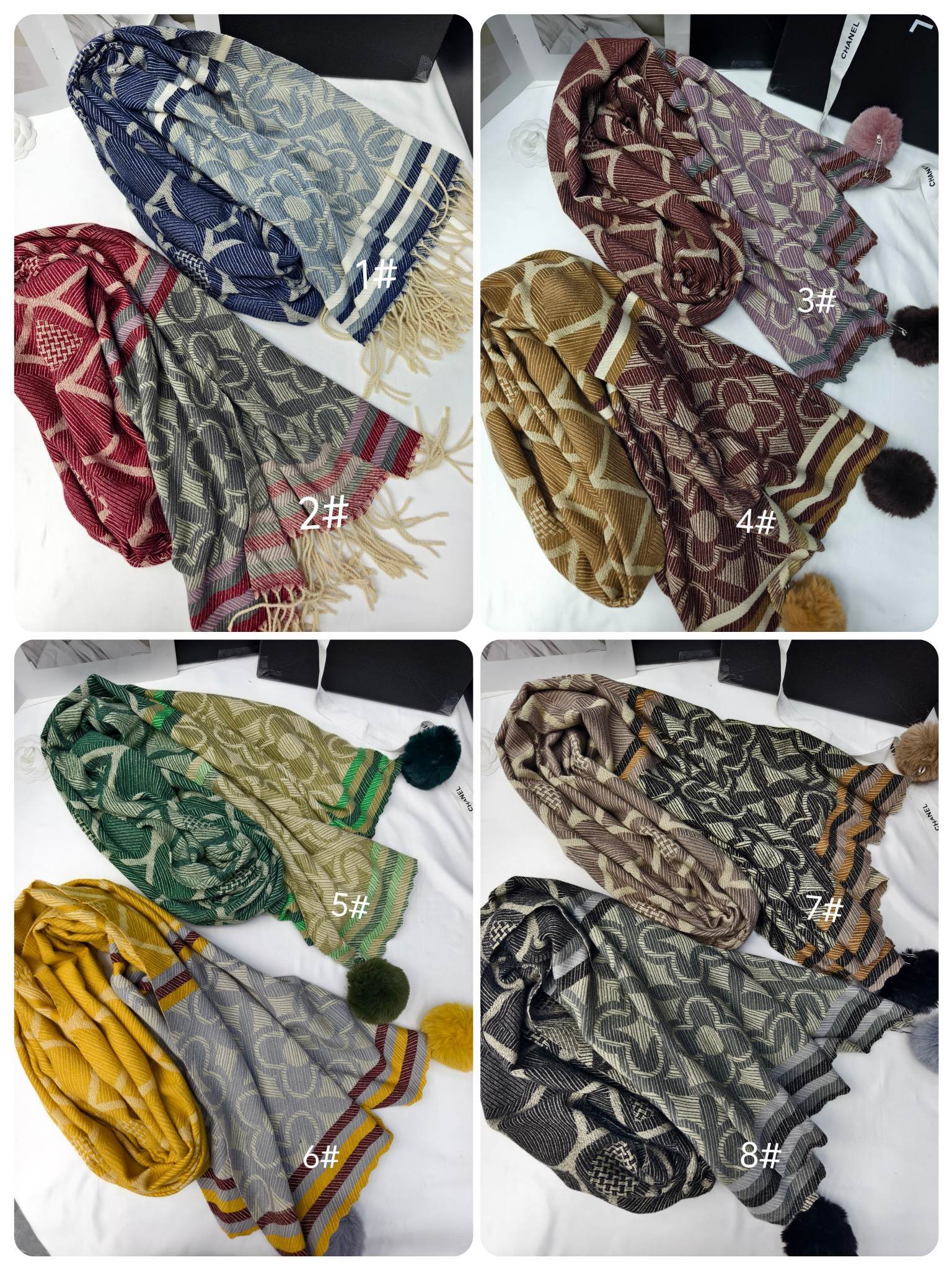 Cross-border scarf wholesale e-commerce live-streaming supply chain, new jacquard grid four-leaf clover tassels and pom-poms Application Scenario