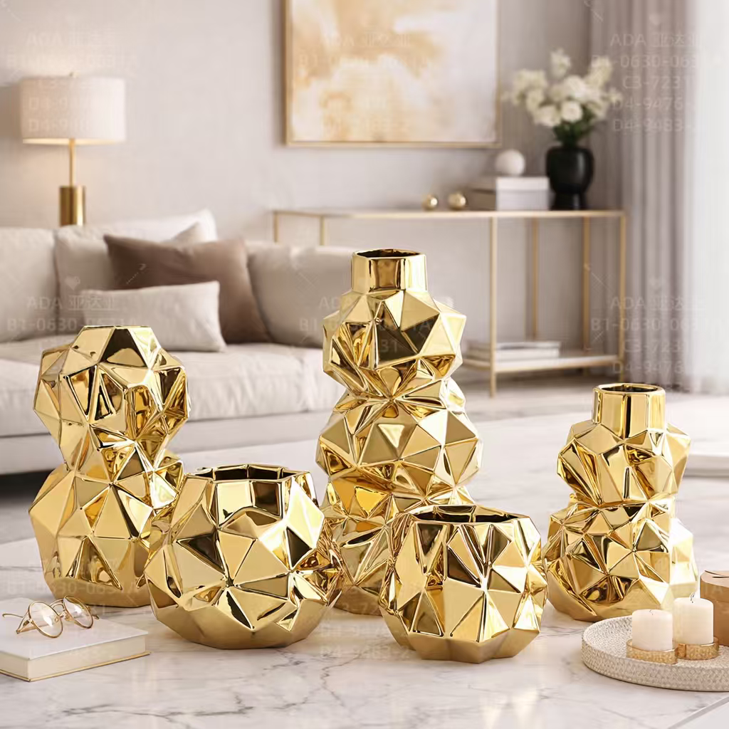 金色几何陶瓷花瓶 电镀菱形干花花器 客厅玄关高级感装饰摆件