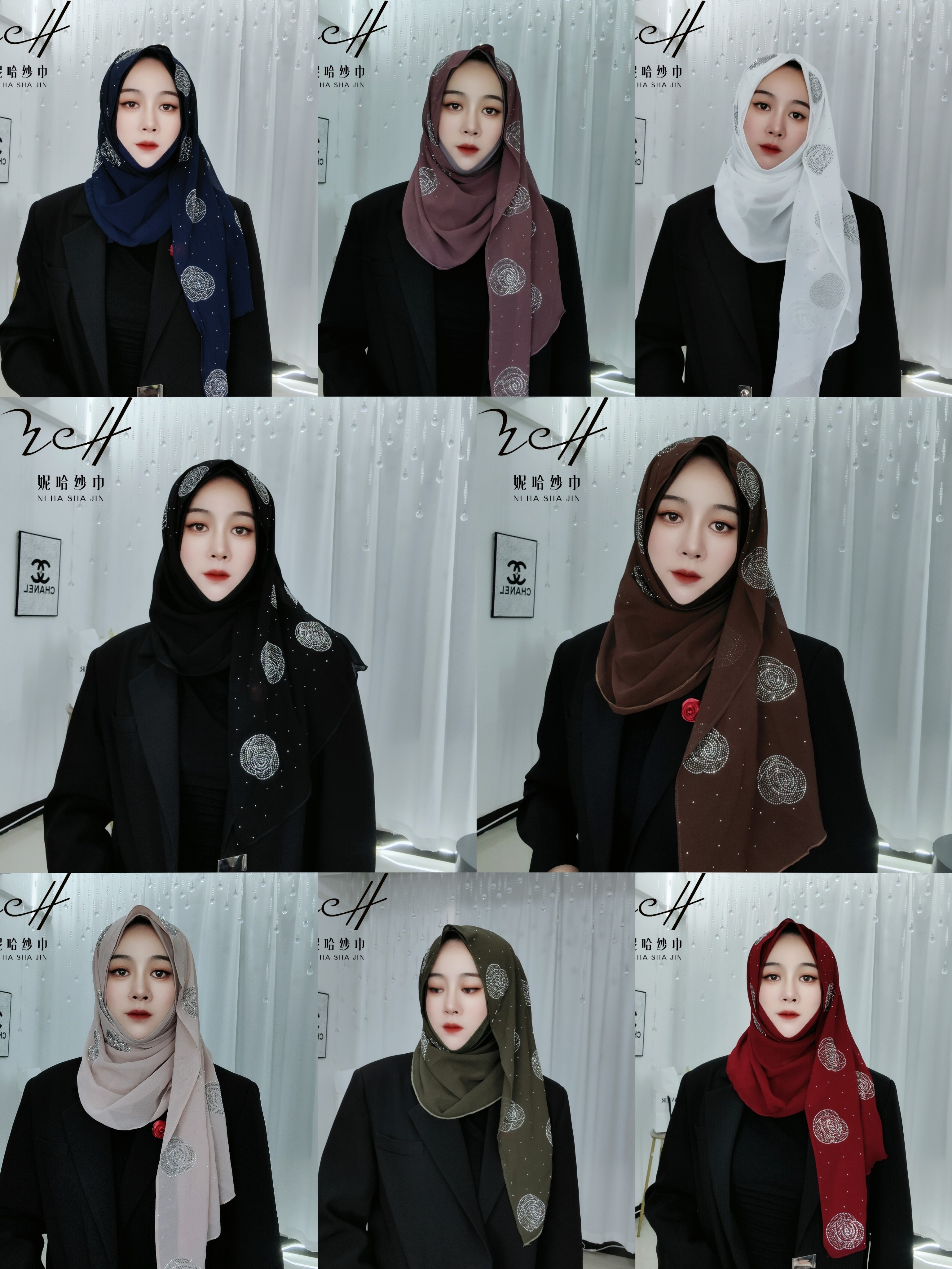 Niha Scarf Factory Directly Supplies Rose-Patterned Diamond Chiffon Patchwork Scarves Item Picture