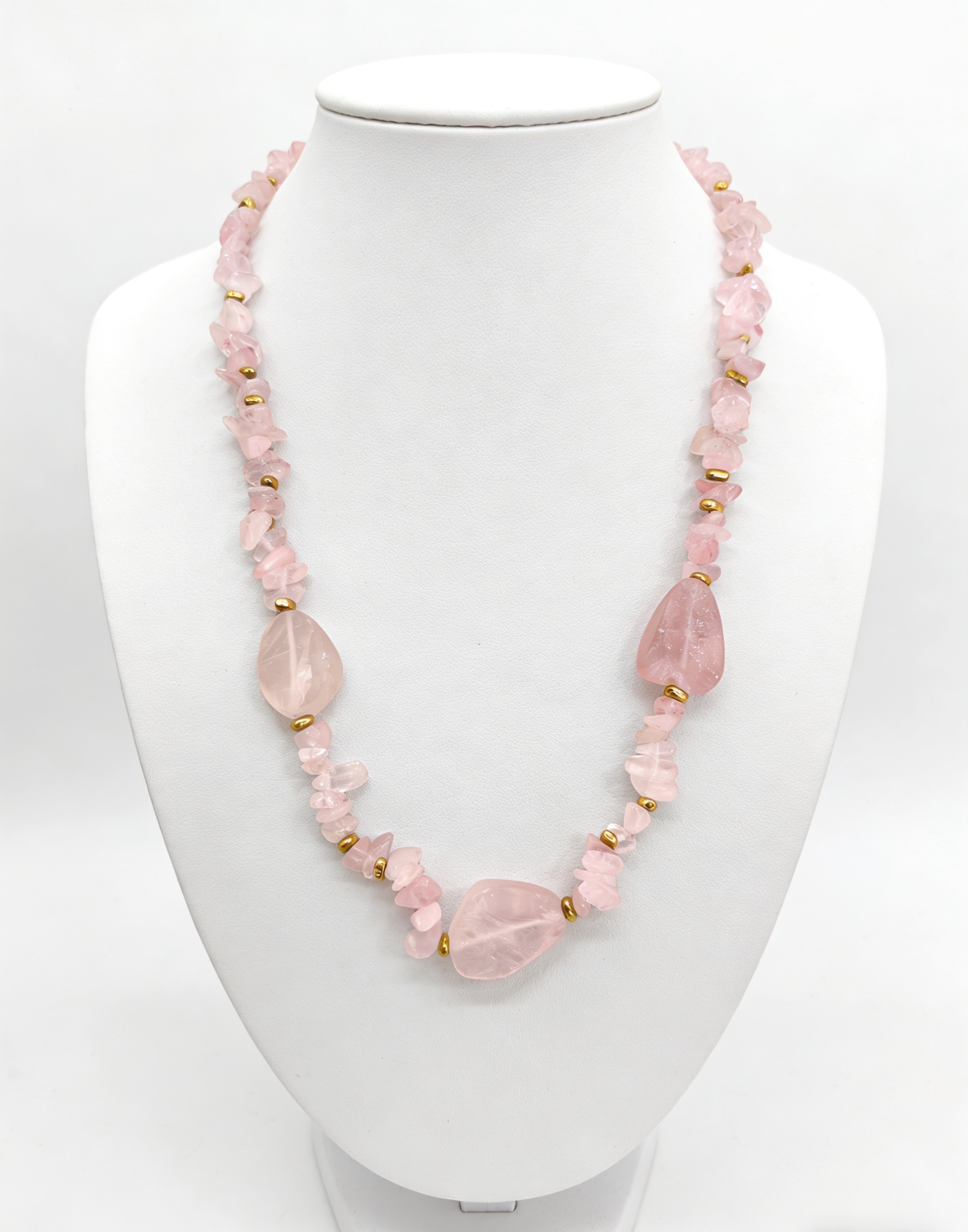 天然粉晶随形碎石项链 轻奢金珠锁骨链 大颗主石颈饰 手工串制保色工艺