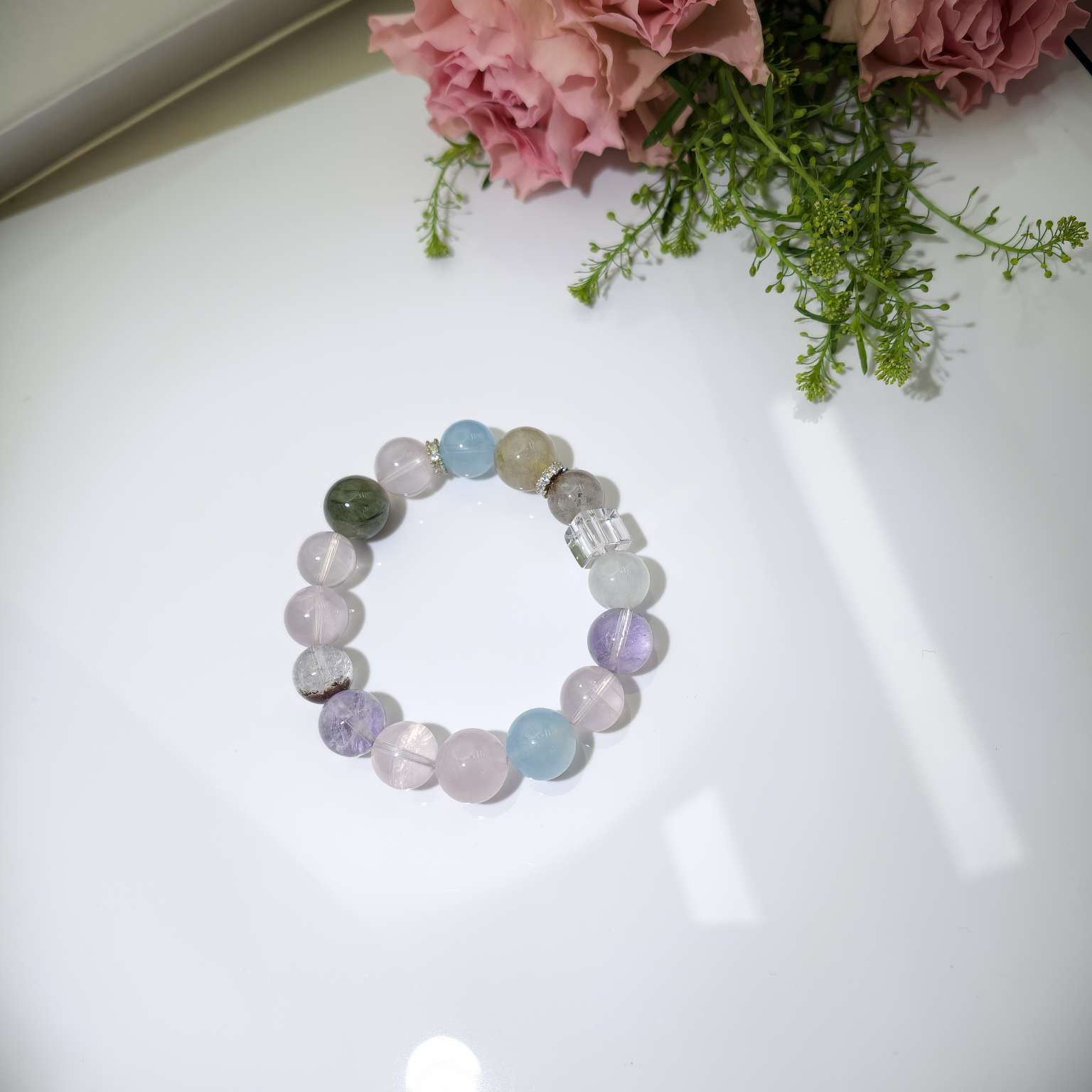 绿幽灵海蓝宝绿发晶白幽灵白水晶薰衣草紫水晶黄水晶白水方糖十二生肖开运手串卯兔专属水晶手串详情图2