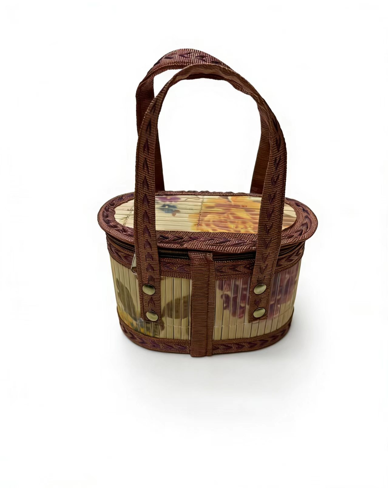 水果竹篮礼品篮礼篮鲜花包装编筐篮编织篮伴手礼竹编篮喜糖日常收纳篮家居美学礼篮送餐篮可折叠省空间印花拉链提篮