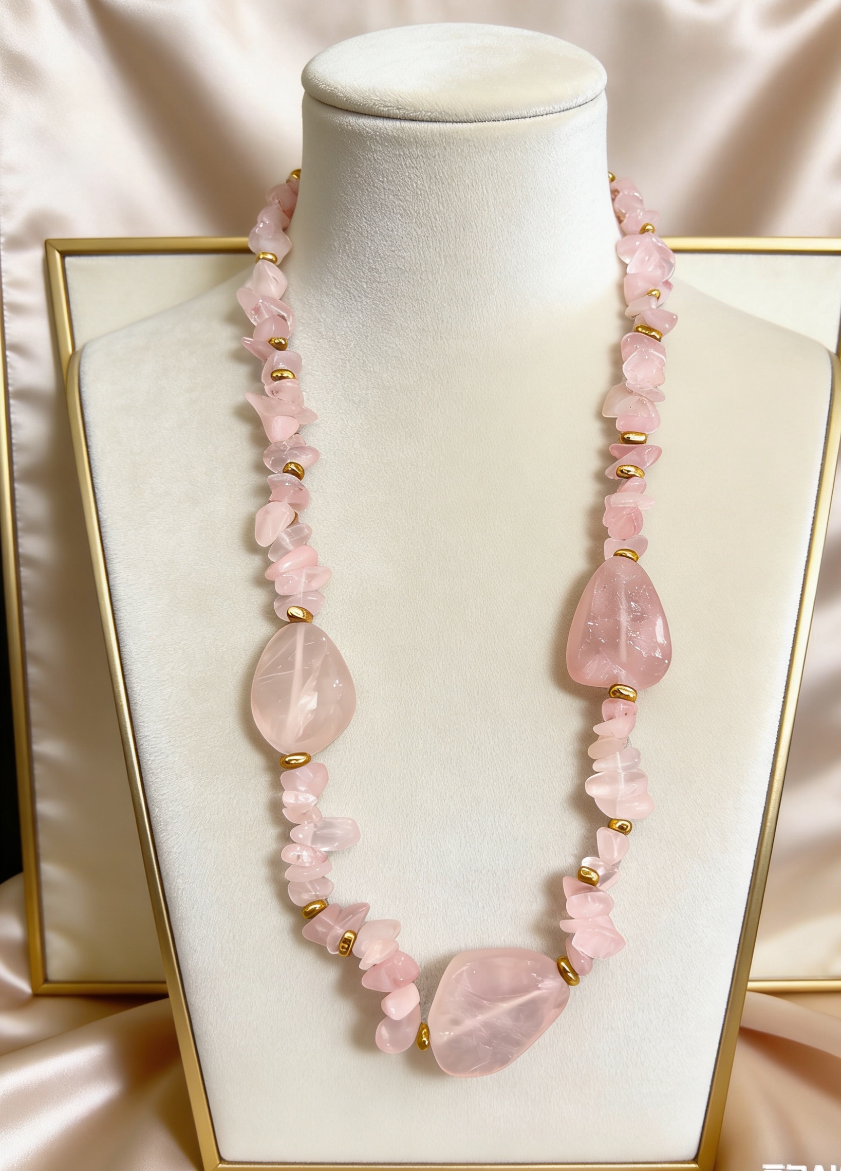 天然粉晶随形碎石项链 轻奢金珠锁骨链 大颗主石颈饰 手工串制保色工艺详情2