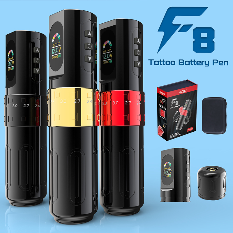 异龙品牌F8纹身笔空心杯马达纹身机彩屏可调行程刺青电源笔纹绣美妆跨境供货
