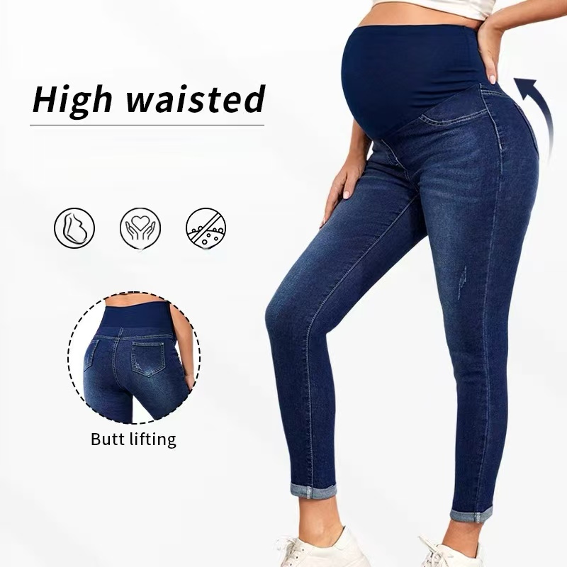 Cross-border European and American maternity jeans for autumn and winter, high-waisted, hip-lifting and elastic Amazon maternity pants, bestsellers for new mothers Specification image