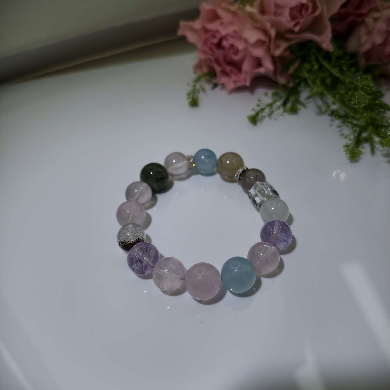 绿幽灵海蓝宝绿发晶白幽灵白水晶薰衣草紫水晶黄水晶白水方糖十二生肖开运手串卯兔专属水晶手串白底实物图