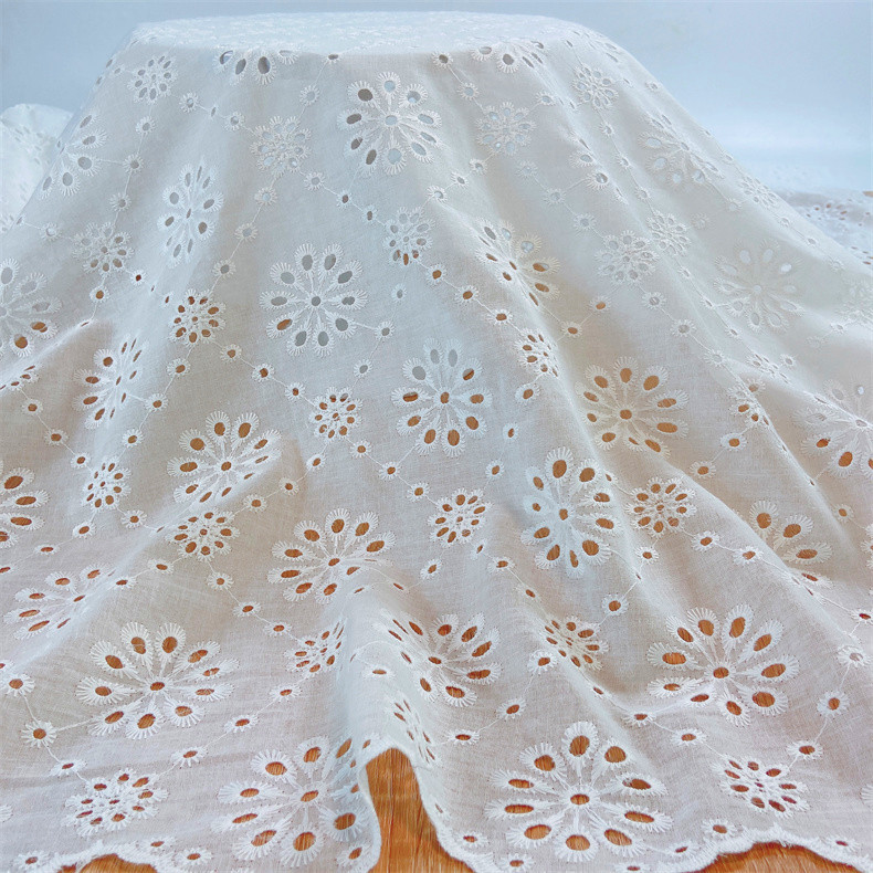 Lace fabric, all-cotton hollowed-out embroidered fabric, cotton thread, double-sided three-dimensional embroidered clothing dress, pure cotton embroidered fabric Specification image