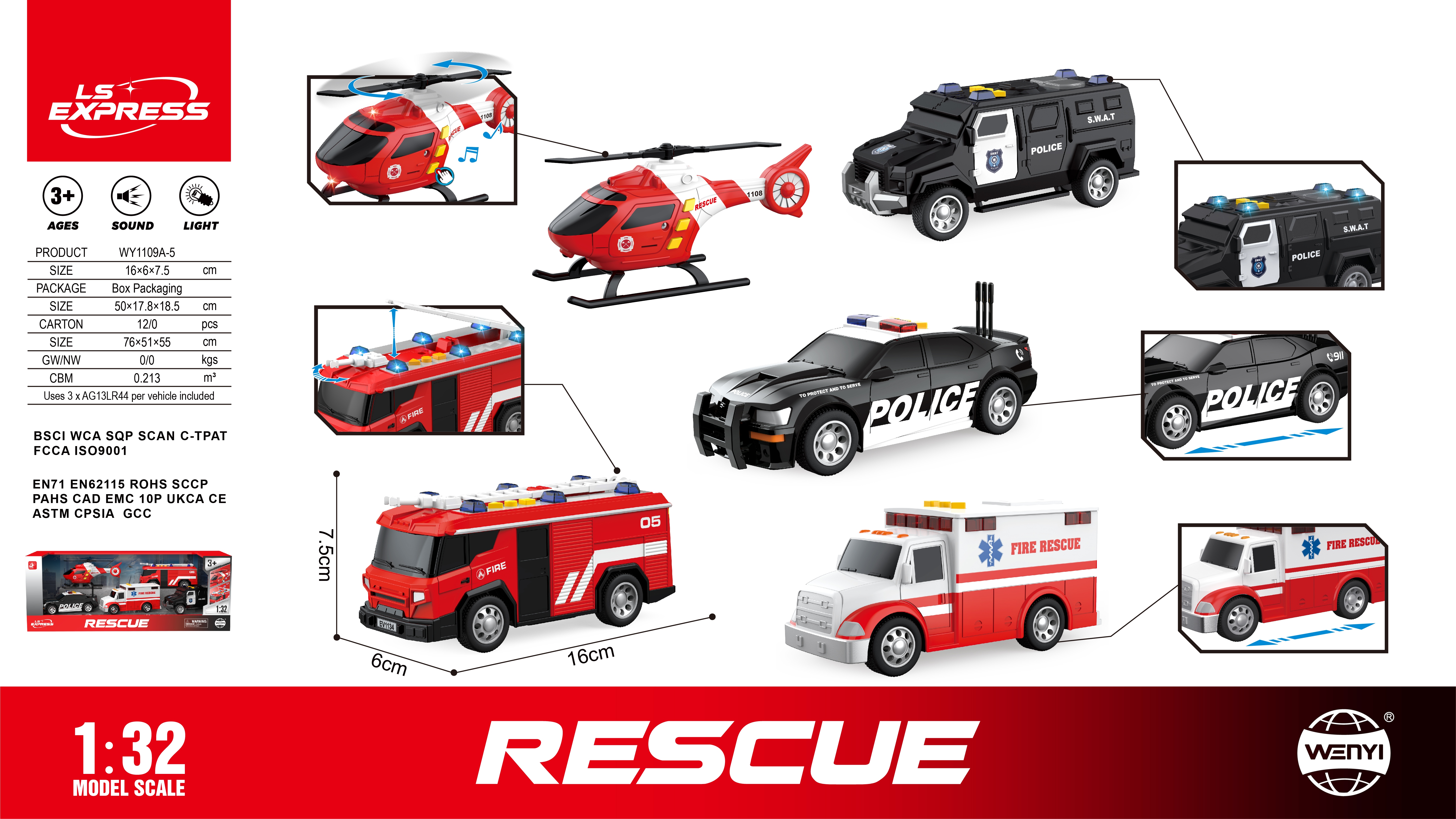 Literary WY1109A-"1:32 Inertial Rescue Set (Light, Sound) "Barrett Operation Delta Military Weapon Model Alloy Toy Helicopter Police Car Fire Engine Ambulance Specification image