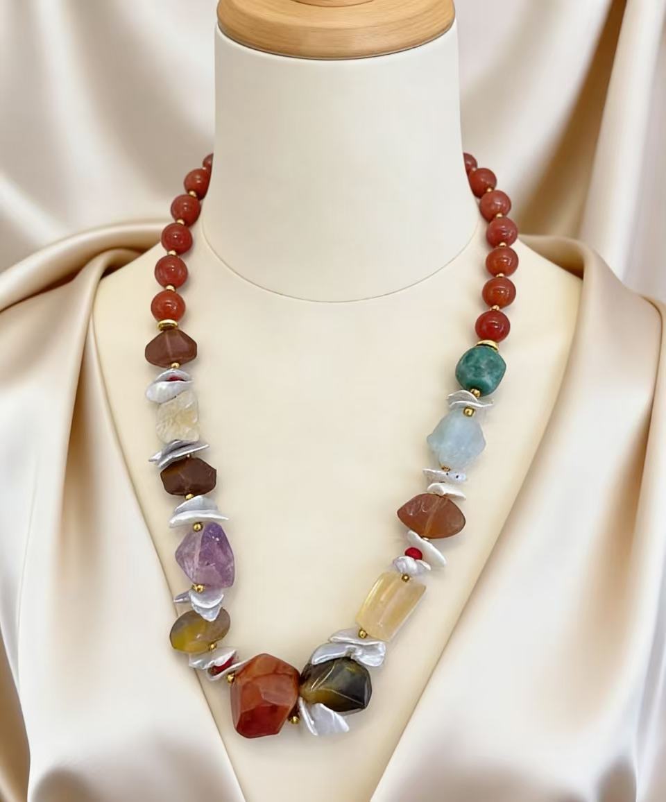 天然彩石串珠项链 复古撞色原石高级感 百搭