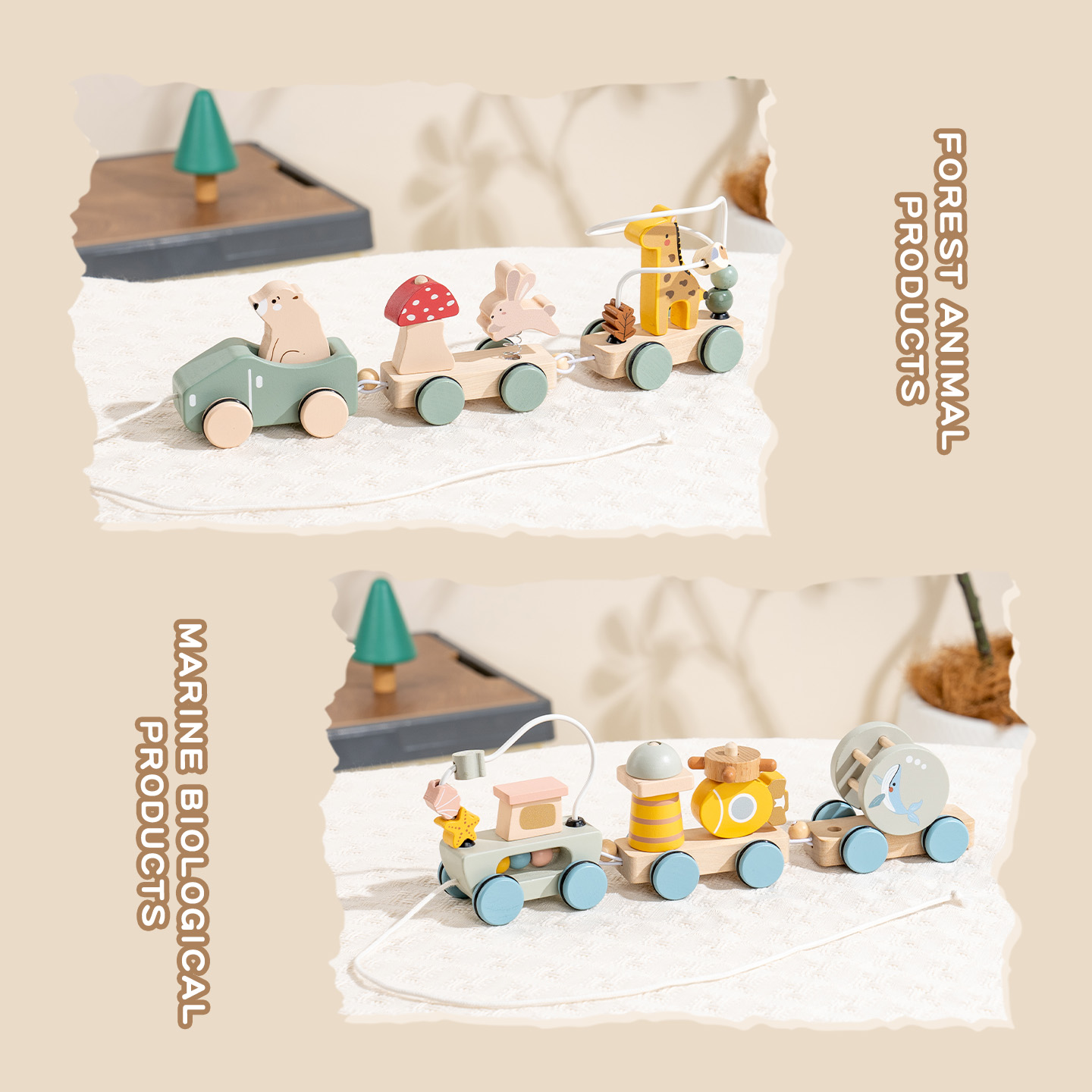 积木拼搭木质玩具拉绳火车积木儿童益智早教益智拼装玩具男孩女孩礼物早教动物拖车海洋森林动物两款可选细节图