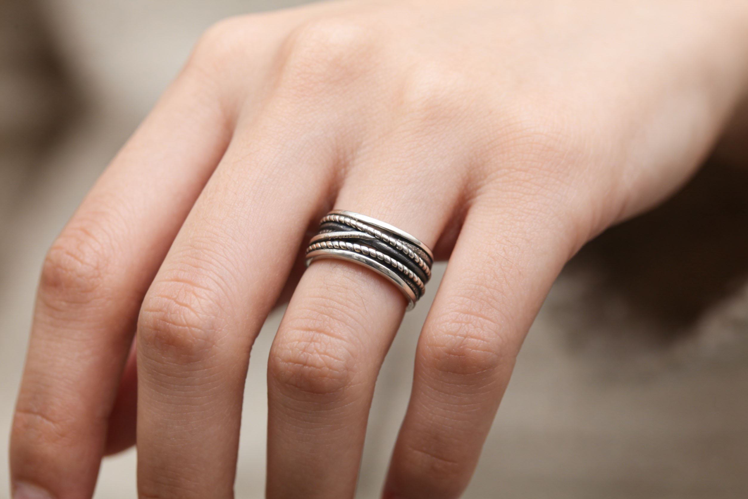 AWAYI  925 纯银多层缠绕开口戒指 复古做旧麻花编织指环 小众设计感食指戒