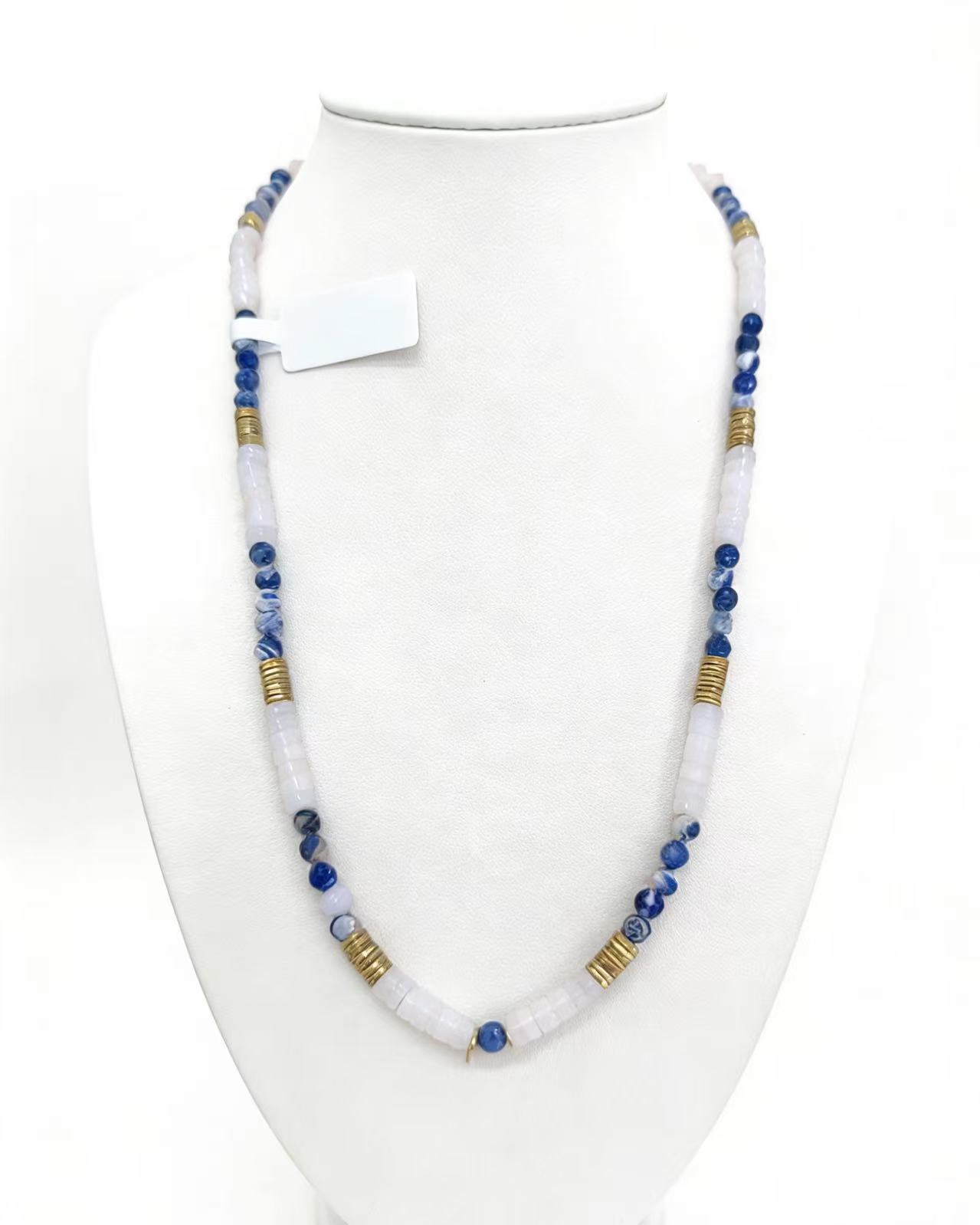 蓝海秘境 天然石蓝白拼接项链复古管珠设计感