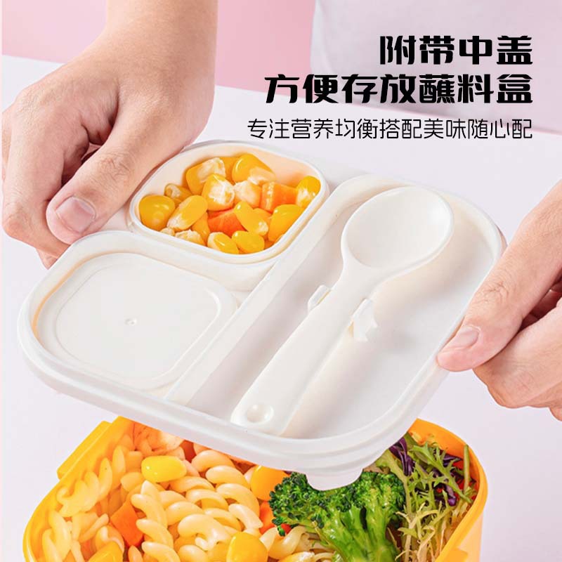 The new J35-6964 cartoon plastic lunch box is a children's sealed and leak-proof lunch box with a sauce box and can be heated in a microwave oven Specification image
