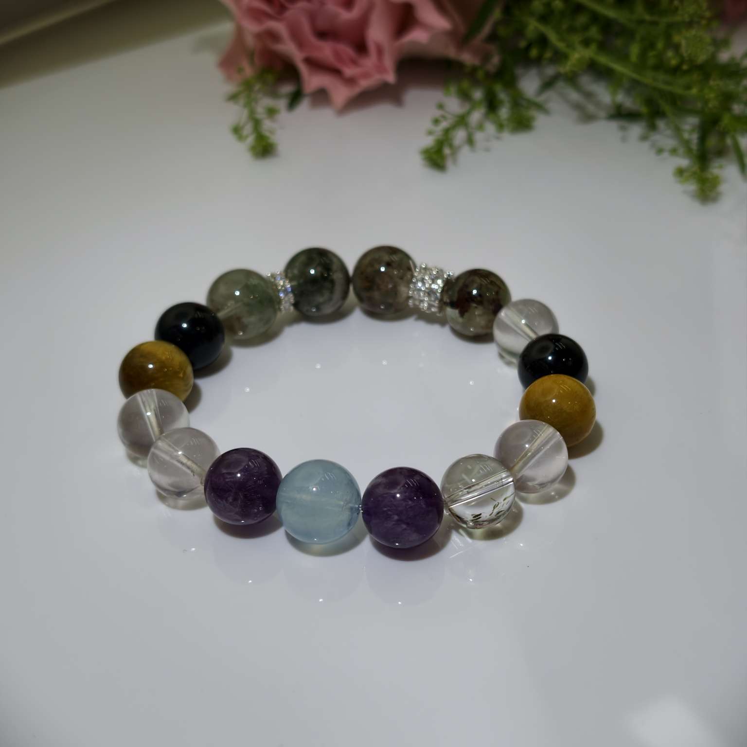 绿幽灵白水晶黑曜石黄虎眼紫幽灵海蓝宝十二生肖开运手串寅虎专属水晶手串