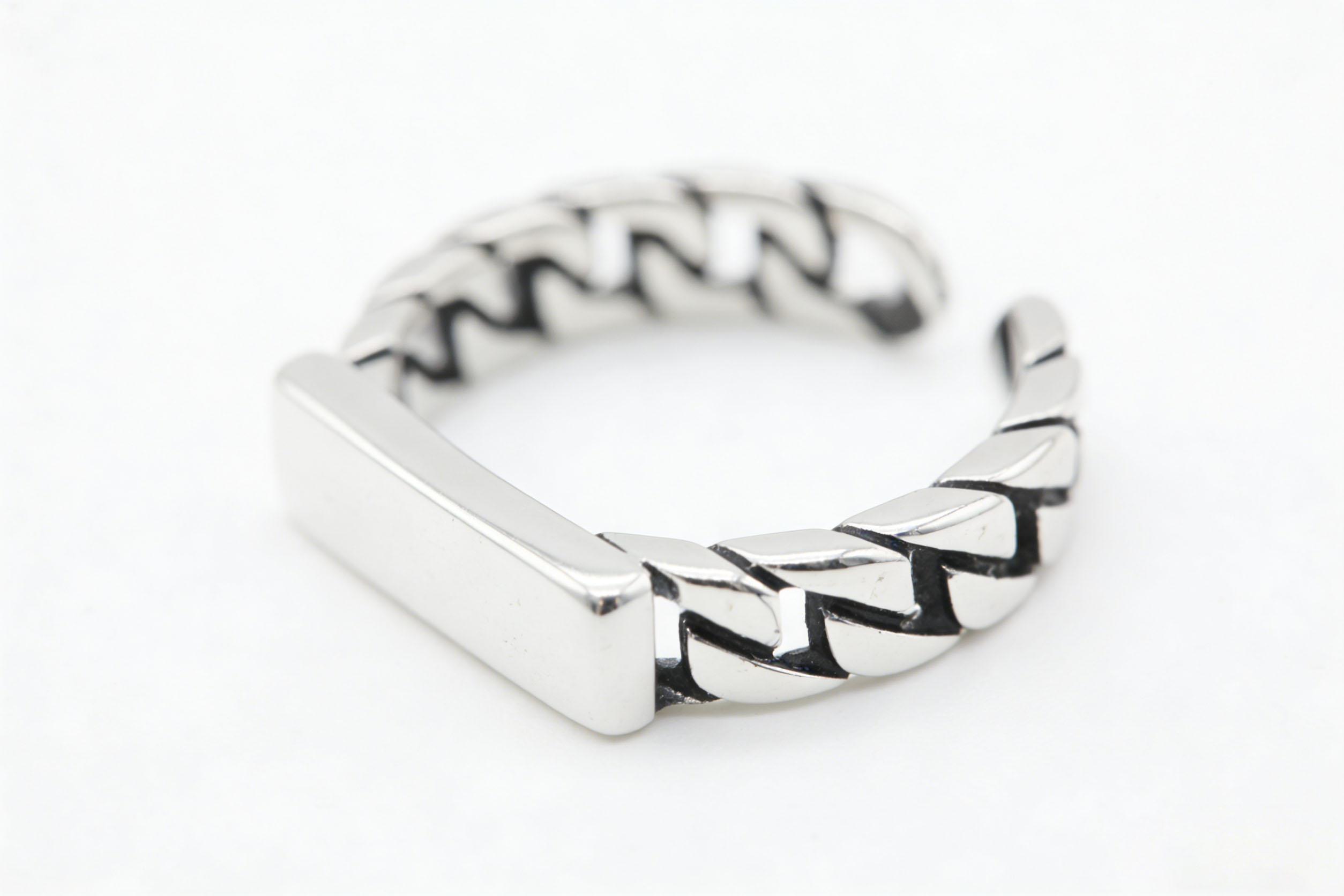 AWAYI  925 纯银古巴链长方形开口戒指 复古做旧链条指环 小众设计感食指戒