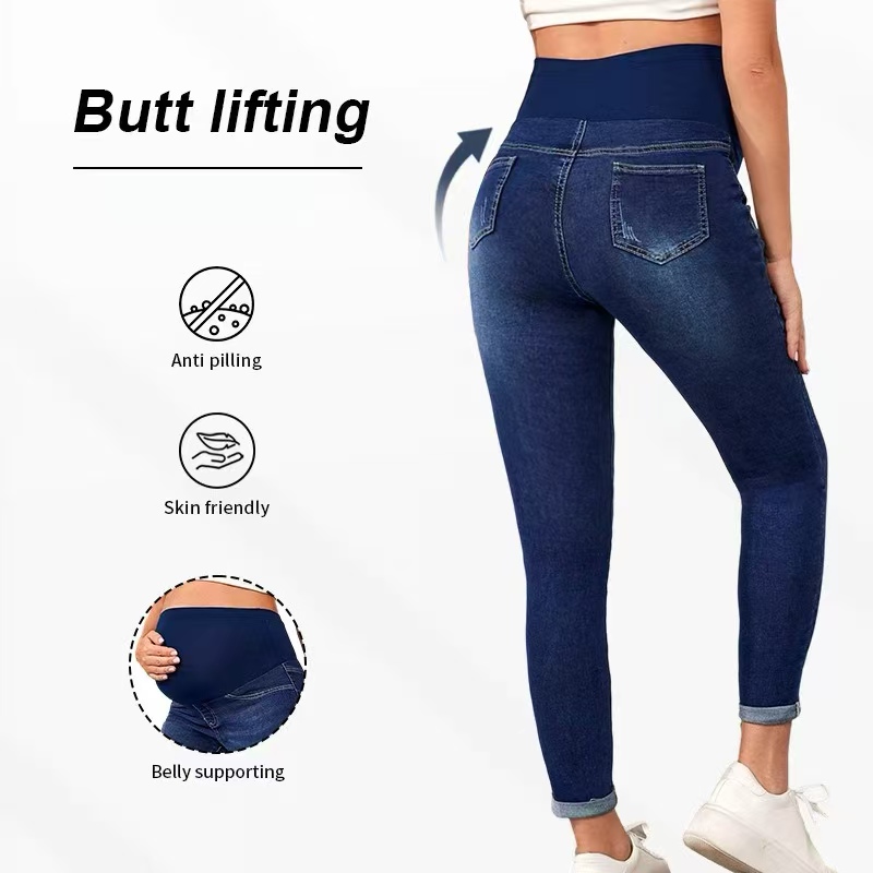 Cross-border European and American maternity jeans for autumn and winter, high-waisted, hip-lifting and elastic Amazon maternity pants, bestsellers for new mothers details Picture