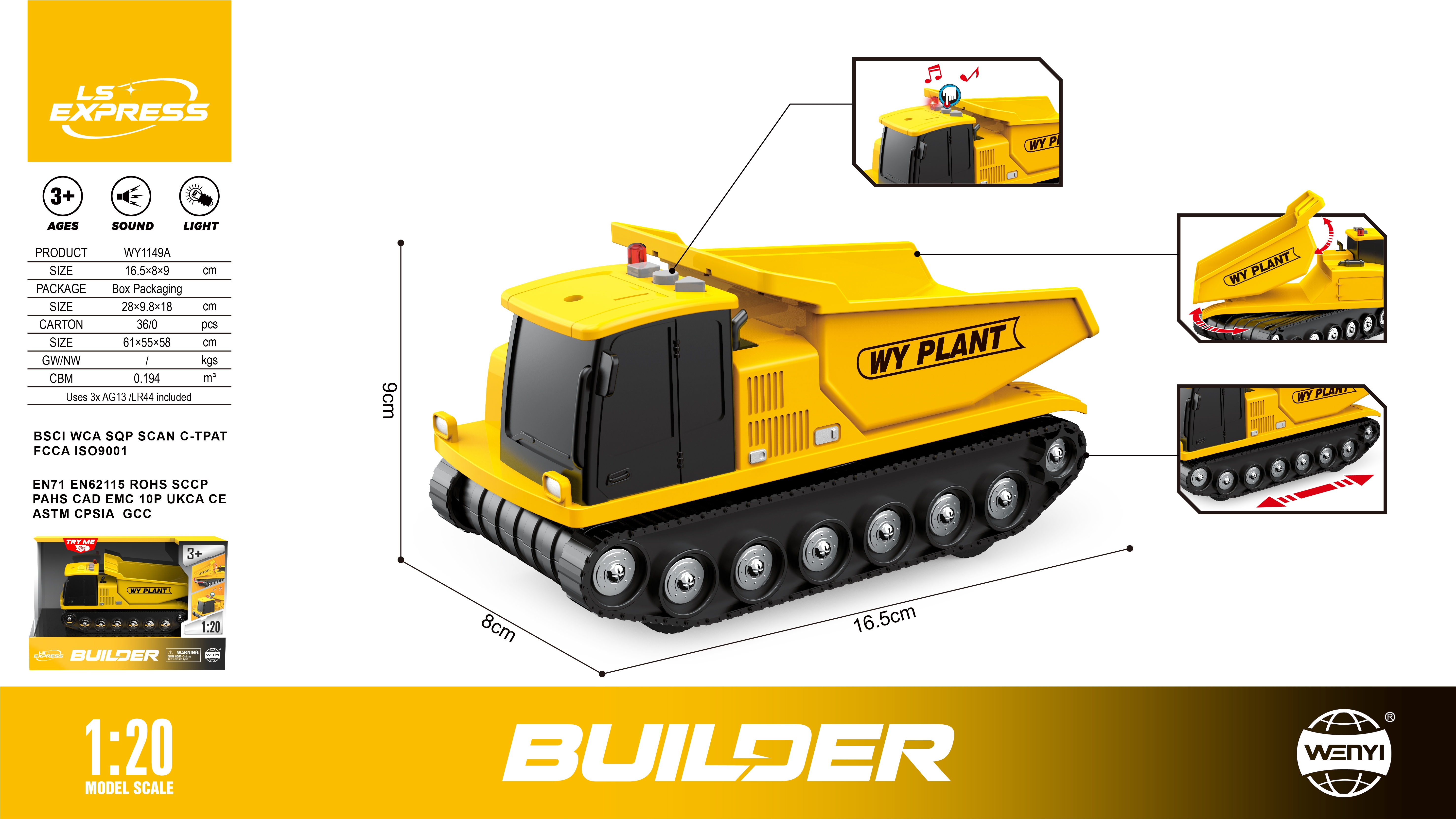 Literary and Artistic WY1149A"1:20 Inertial Track Dump Truck (Light, sound) "Track engineering vehicle Children's Toy vehicle Electric Vehicle Toy Electric Vehicle 12V remote control Specification image
