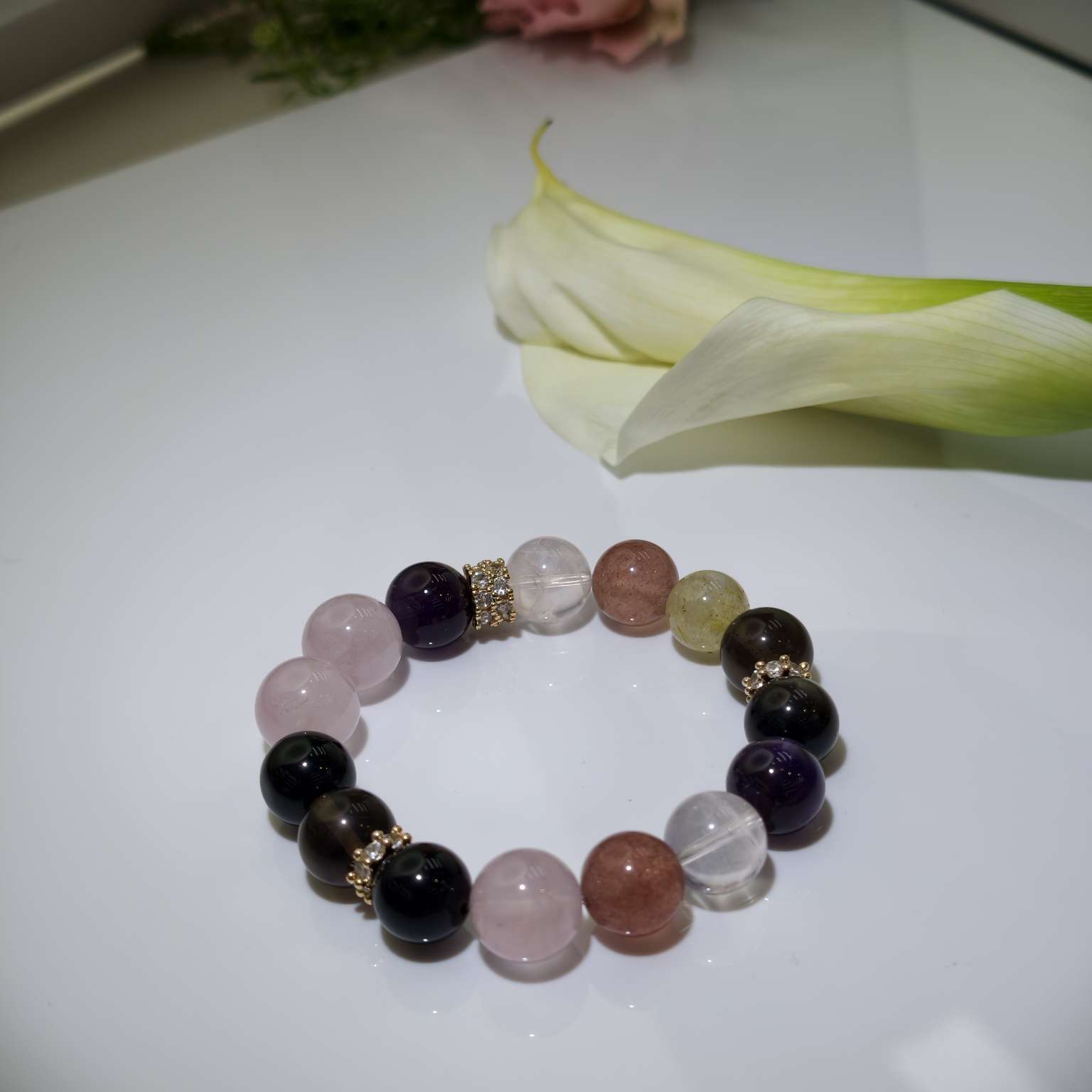 金发钛晶草莓晶白阿塞乌拉圭紫水晶马粉冰曜石黑曜石十二生肖开运手串戌狗专属水晶手串详情图2