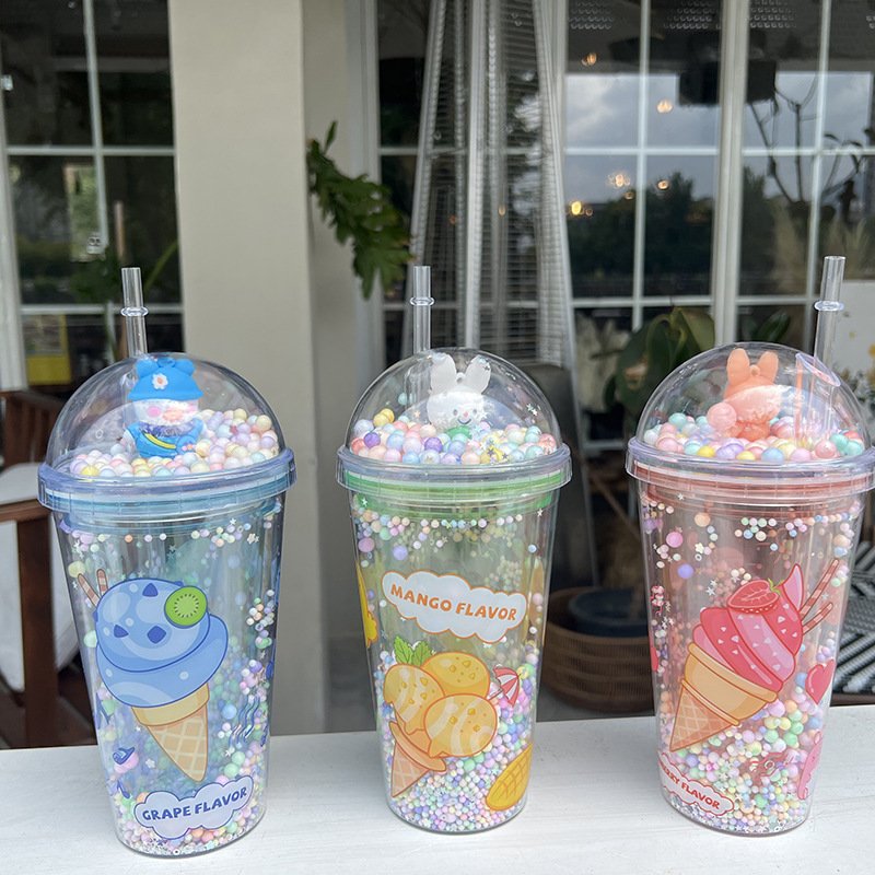Z37-8038 Summer Dazzling and Shiny Cup, Double-layer Cartoon Cute Plastic Straw Cup, Gift Cup in Stock, portable Cross detail image 2