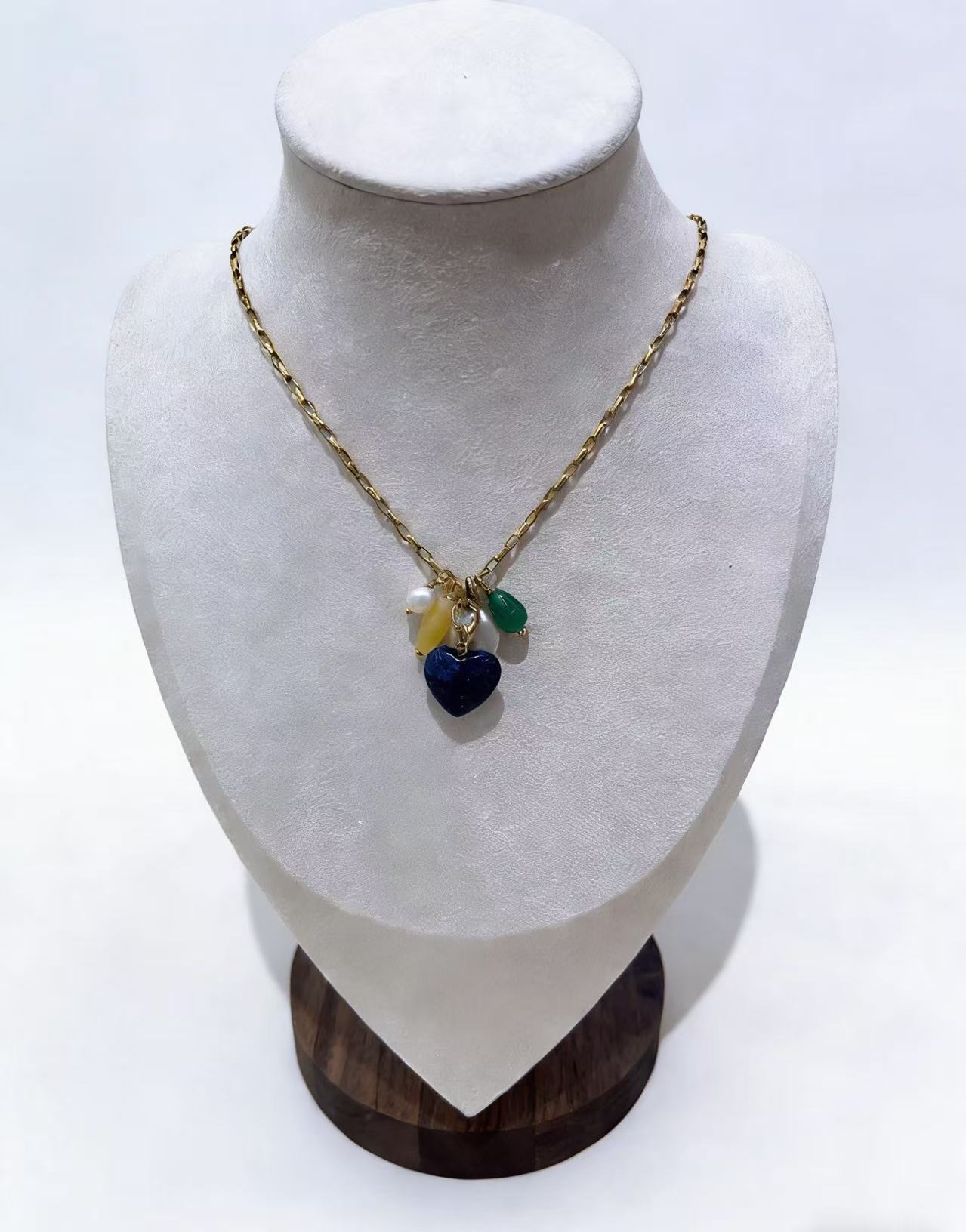小众青金石爱心吊坠项链 天然石多坠拼接锁骨个性颈链