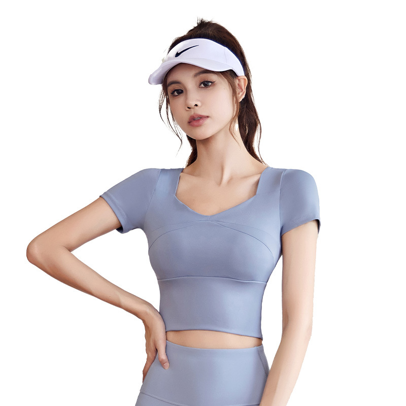 聚衣堂拼接瑜伽服带胸垫瑜伽短袖裸感显瘦运动健身上衣女 Item Picture