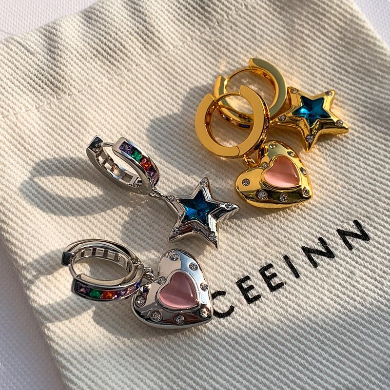 爱心星形耳环女小众设计感高级猫眼石耳坠气质色耳饰