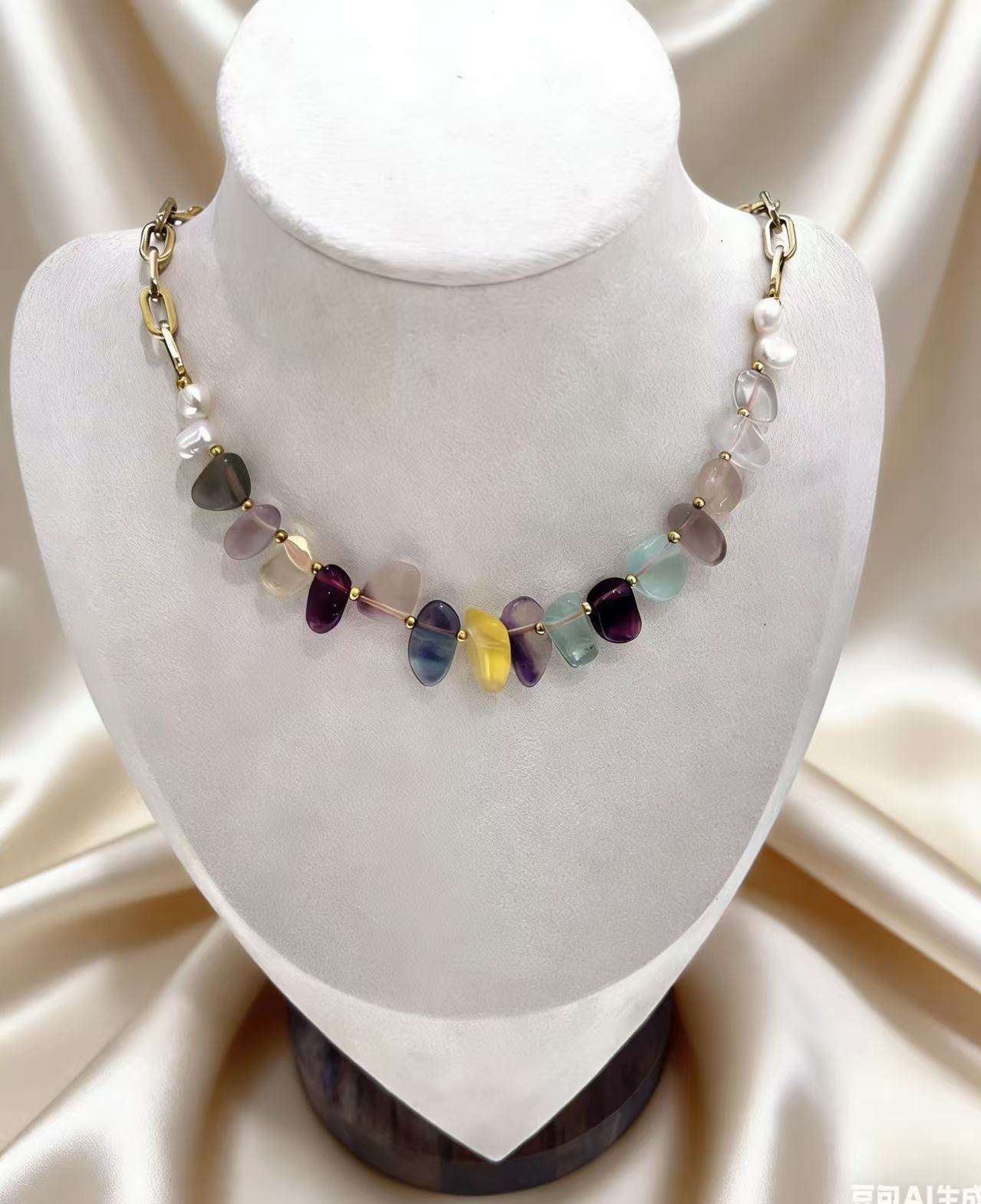 天然海洋风彩石珍珠颈链 复古金属链小众设计感锁骨链