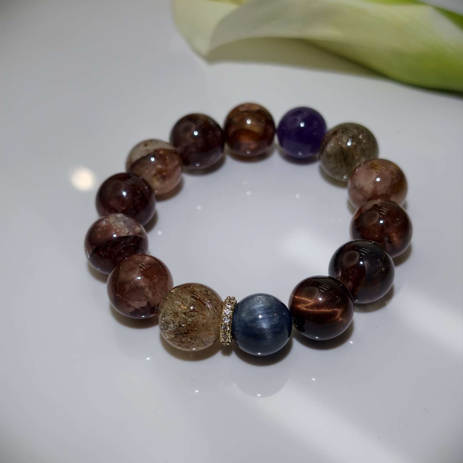 黑金超七乌拉圭紫水晶牛血黑胶花蓝晶石水晶手串