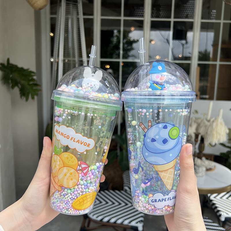Z37-8038 Summer Dazzling and Shiny Cup, Double-layer Cartoon Cute Plastic Straw Cup, Gift Cup in Stock, portable Cross detail image 5