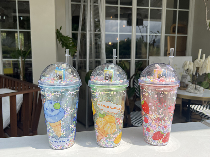 Z37-8038 Summer Dazzling and Shiny Cup, Double-layer Cartoon Cute Plastic Straw Cup, Gift Cup in Stock, portable Cross detail image 3