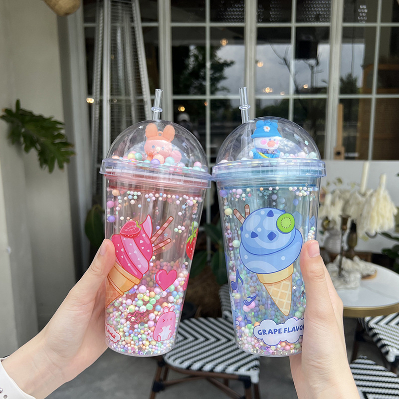 Z37-8038 Summer Dazzling and Shiny Cup, Double-layer Cartoon Cute Plastic Straw Cup, Gift Cup in Stock, portable Cross detail image 4