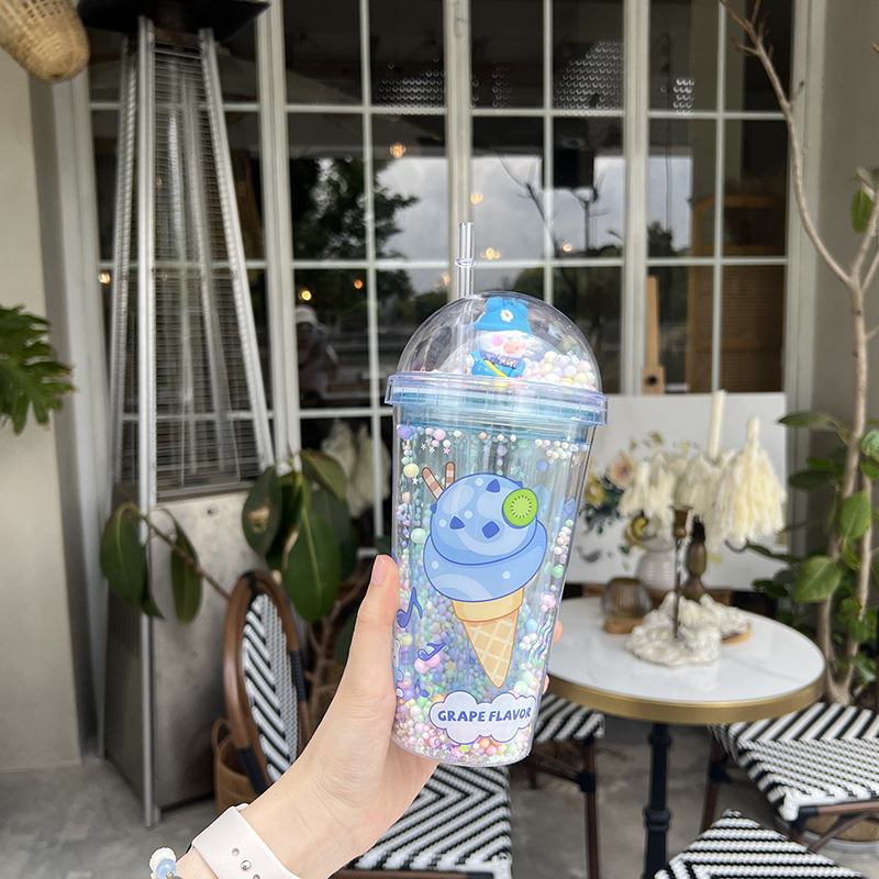Z37-8038 Summer Dazzling and Shiny Cup, Double-layer Cartoon Cute Plastic Straw Cup, Gift Cup in Stock, portable Cross Application Scenario