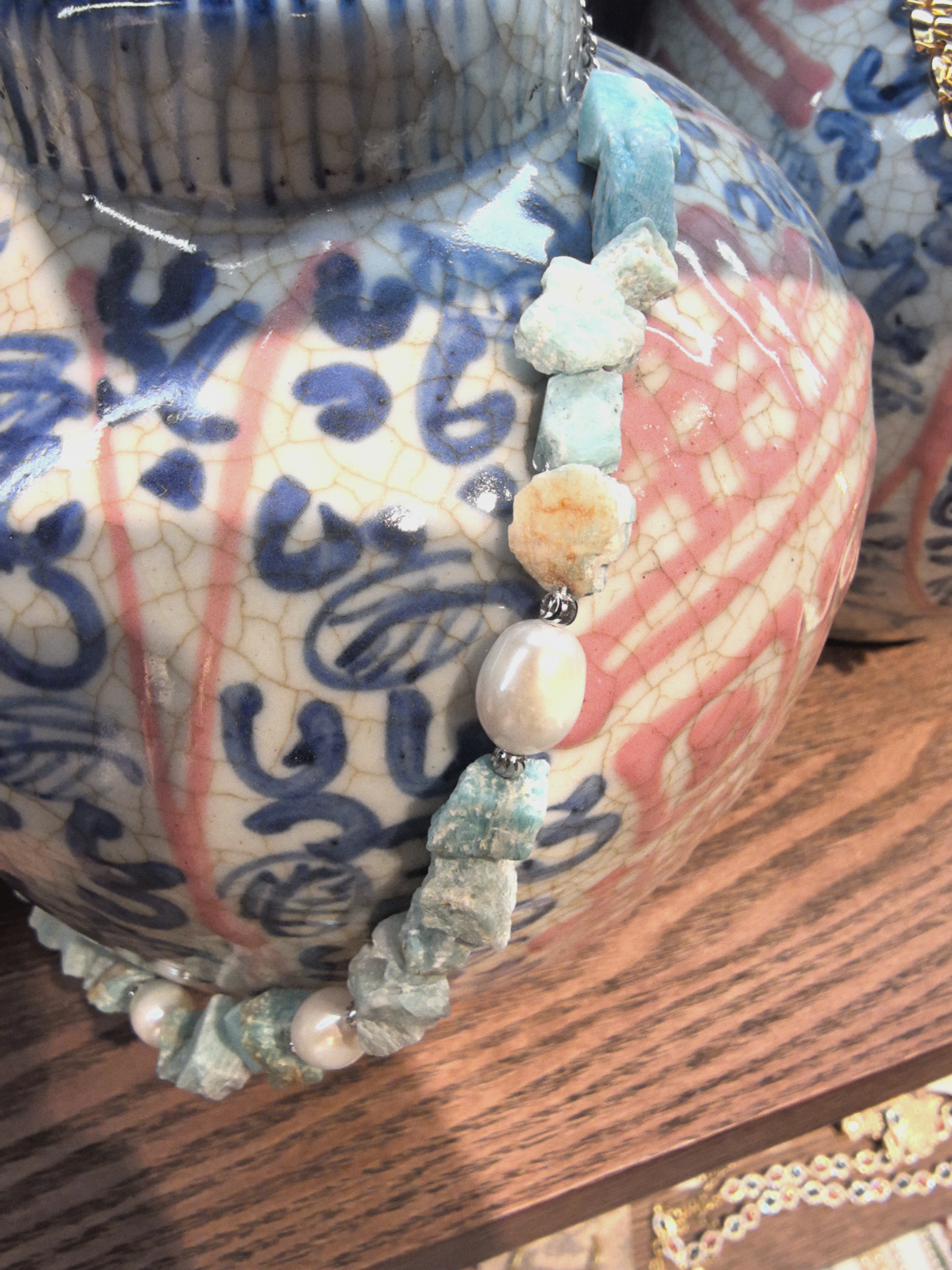 天然石，淡水珍珠拼接。细节图