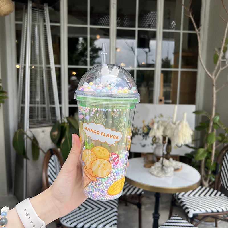 Z37-8038 Summer Dazzling and Shiny Cup, Double-layer Cartoon Cute Plastic Straw Cup, Gift Cup in Stock, portable Cross detail image 7