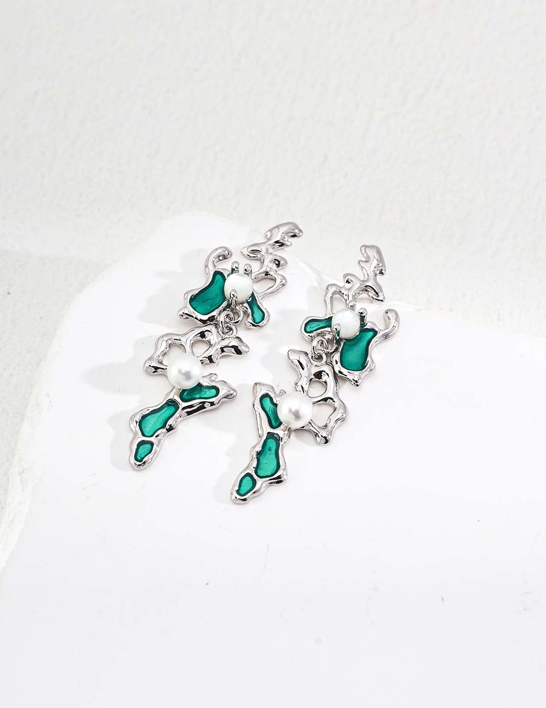 本夕银饰  S925纯银新中式天然珍珠银丝贝滴釉耳环