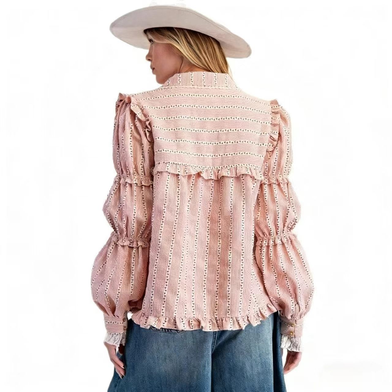 Amazon 26 Autumn New cross-border European and American women's clothing, black ear fringed long-sleeved striped shirt jacket, elegant top for women details Picture
