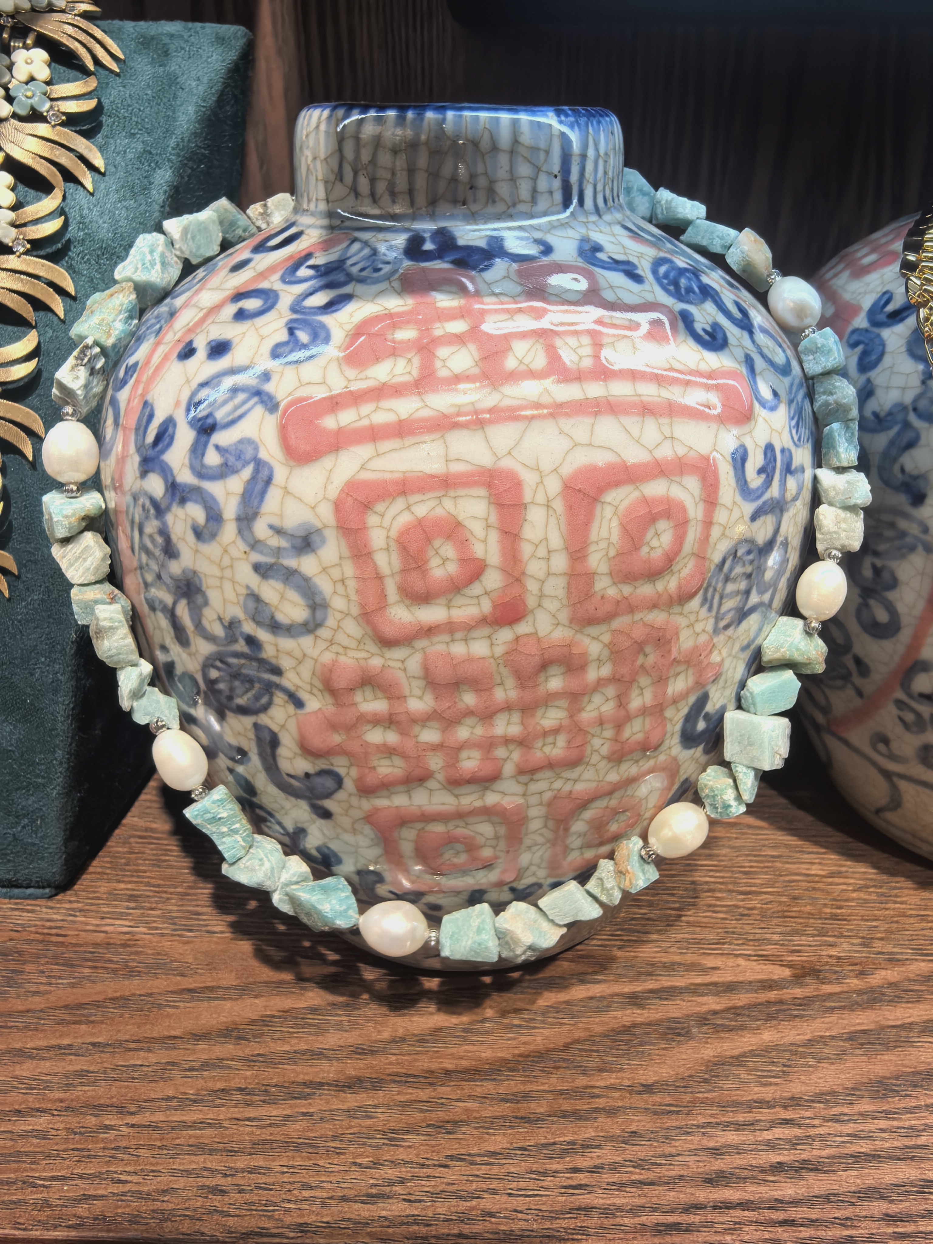 天然石，淡水珍珠拼接。