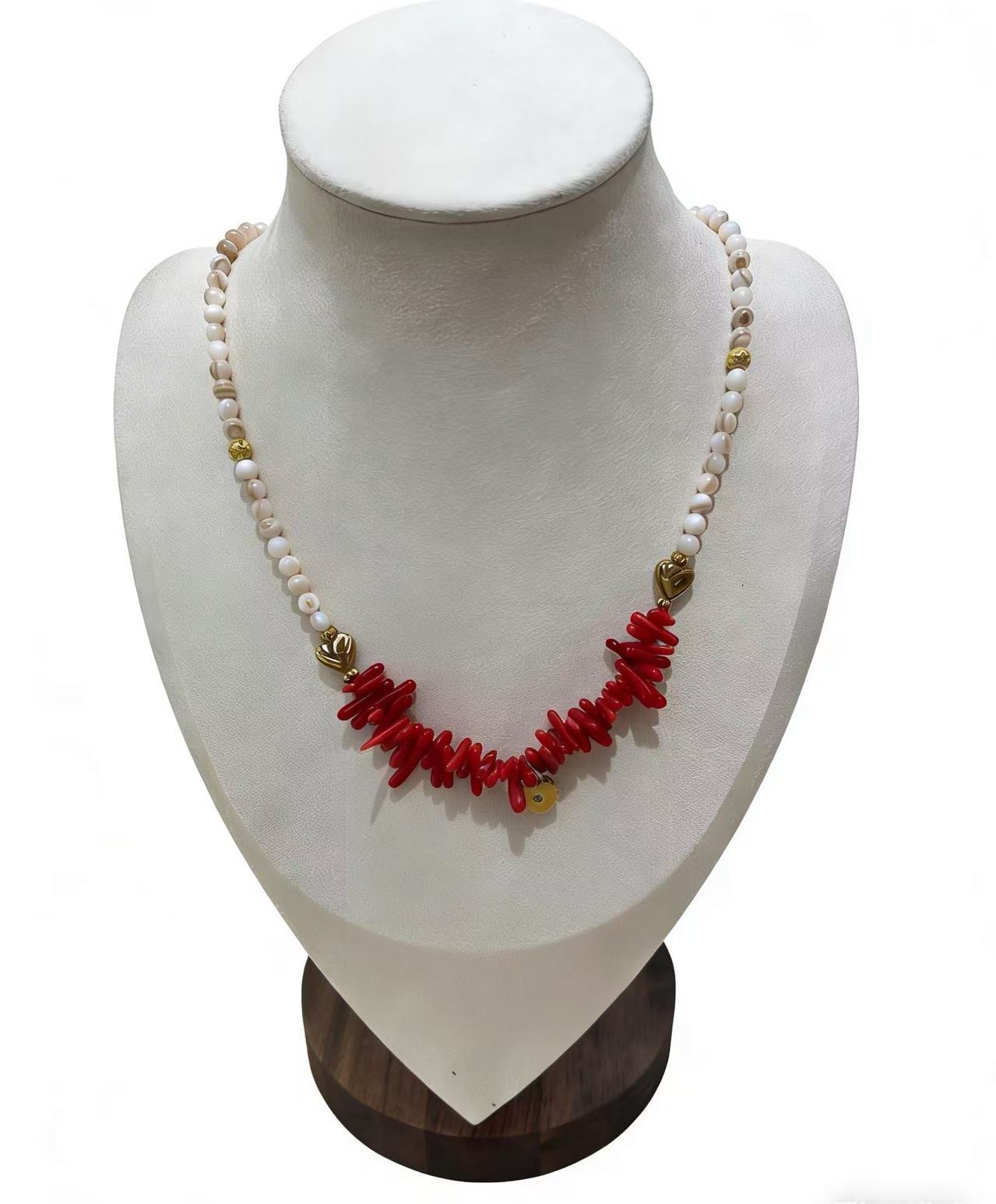 天然红珊瑚枝项链贝珠撞色气质颈链个性设计感轻奢项链详情2