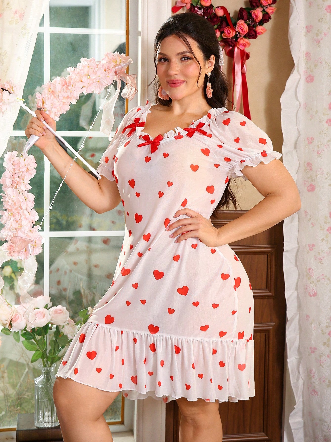 White and red heart-shaped pattern women's dress, mesh printed sexy dress, plus-size romantic underwear Specification image