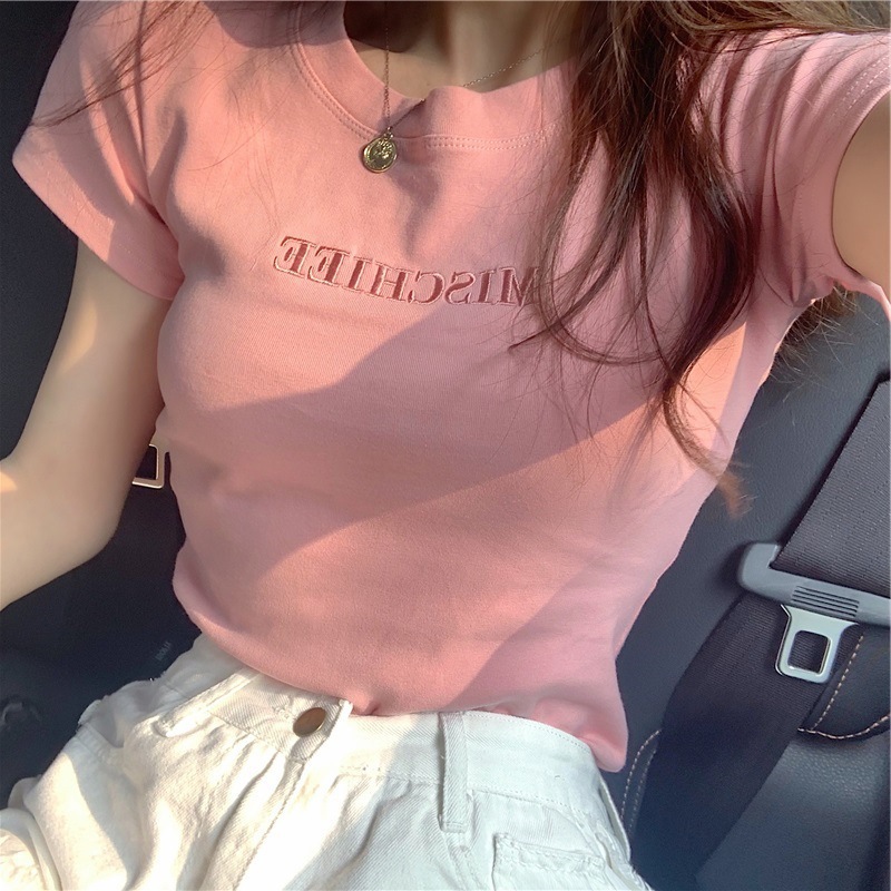 批发2025夏季新款韩版字母刺绣修身短袖T恤女学生上衣外贸女装潮