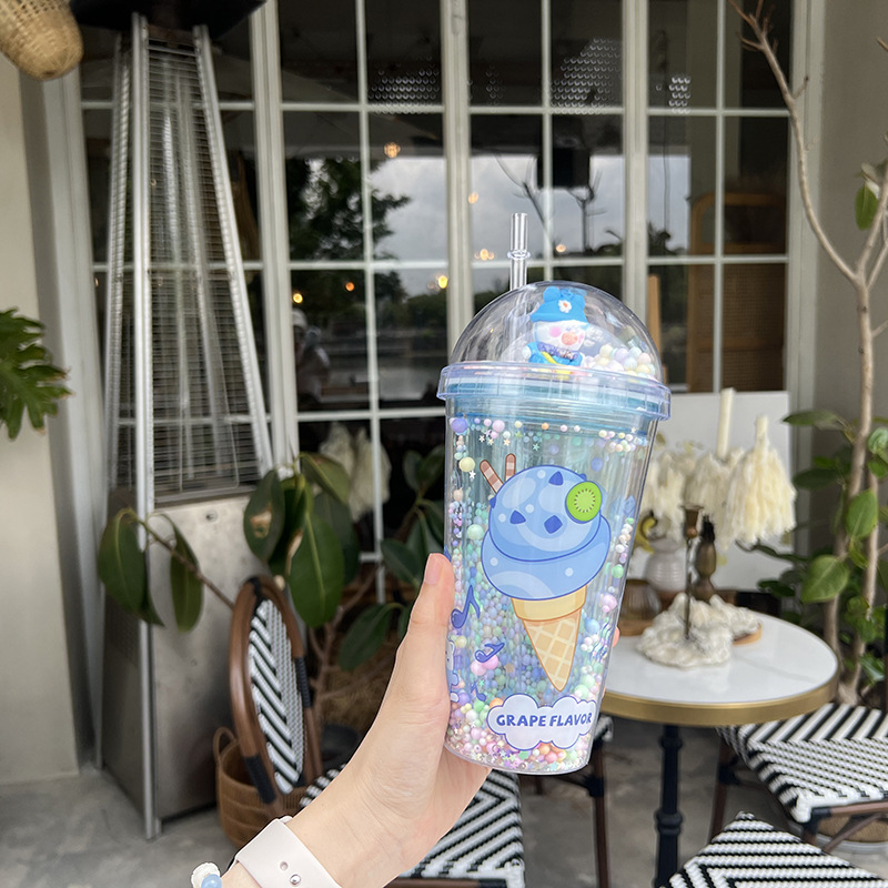 Z37-8038 Summer Dazzling and Shiny Cup, Double-layer Cartoon Cute Plastic Straw Cup, Gift Cup in Stock, portable Cross detail image 8