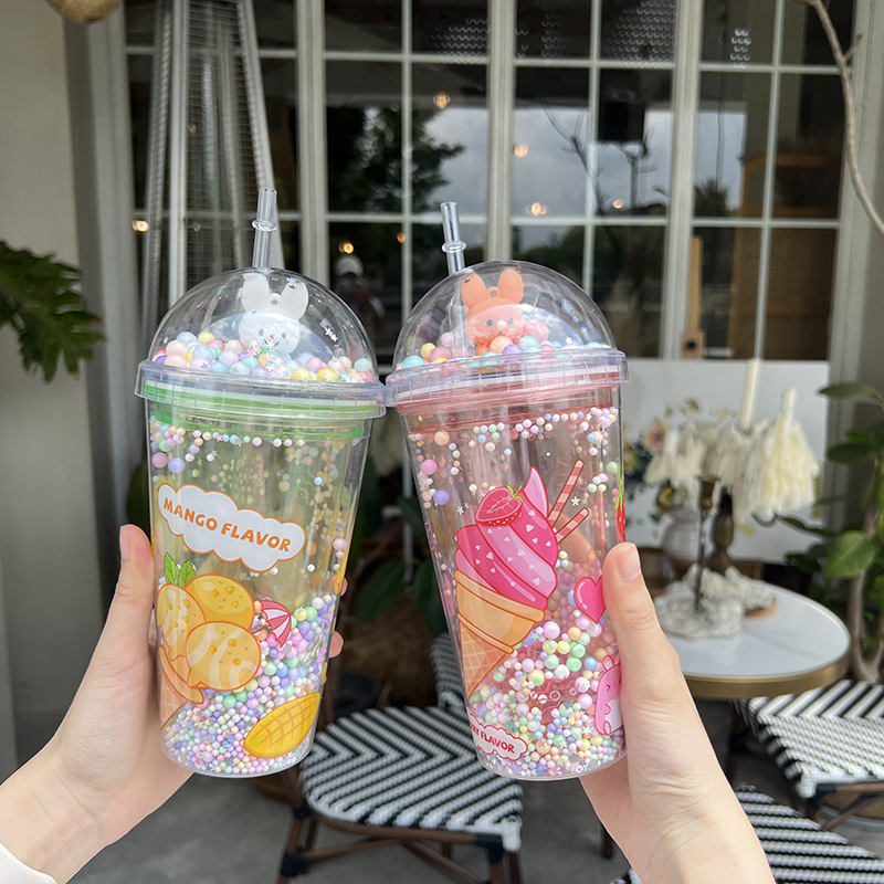 Z37-8038 Summer Dazzling and Shiny Cup, Double-layer Cartoon Cute Plastic Straw Cup, Gift Cup in Stock, portable Cross detail image 6