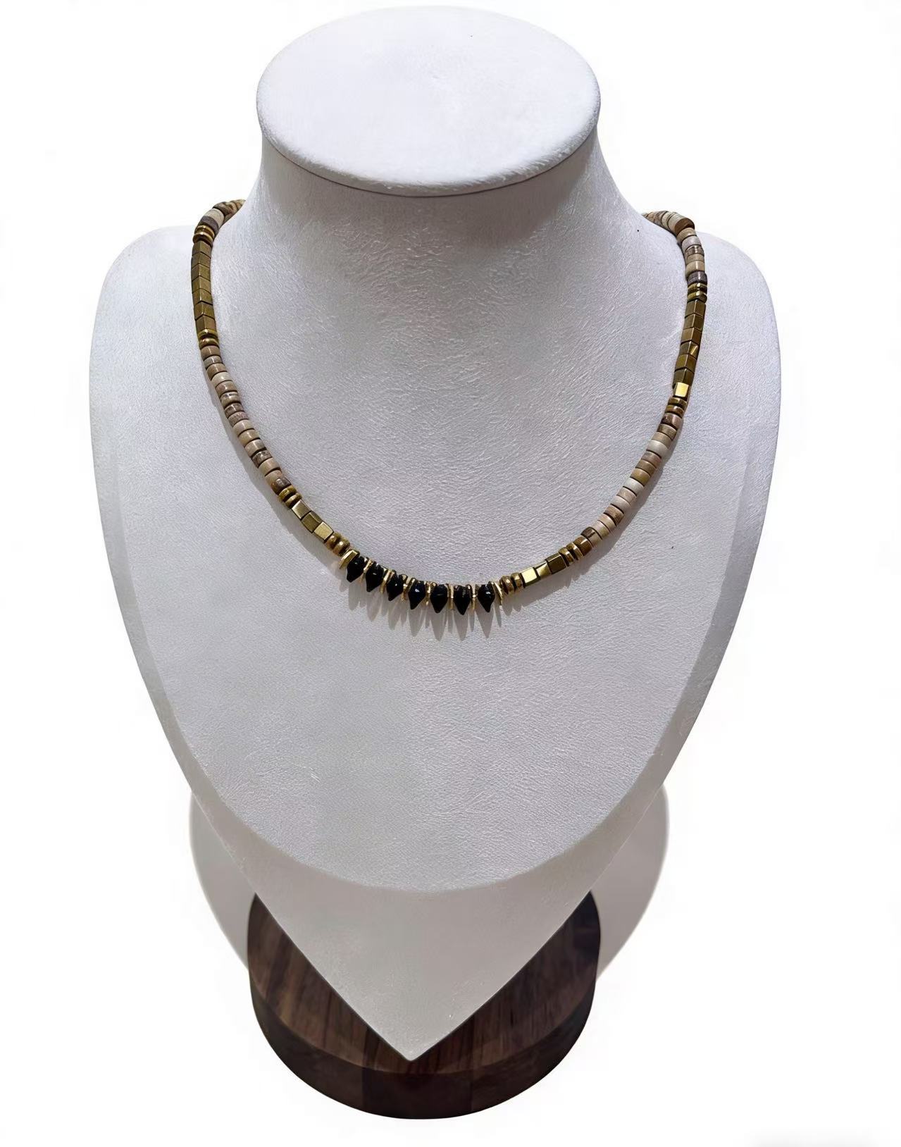 天然石黑尖晶金属拼接项链拼接气质百搭锁骨链复古气质颈链