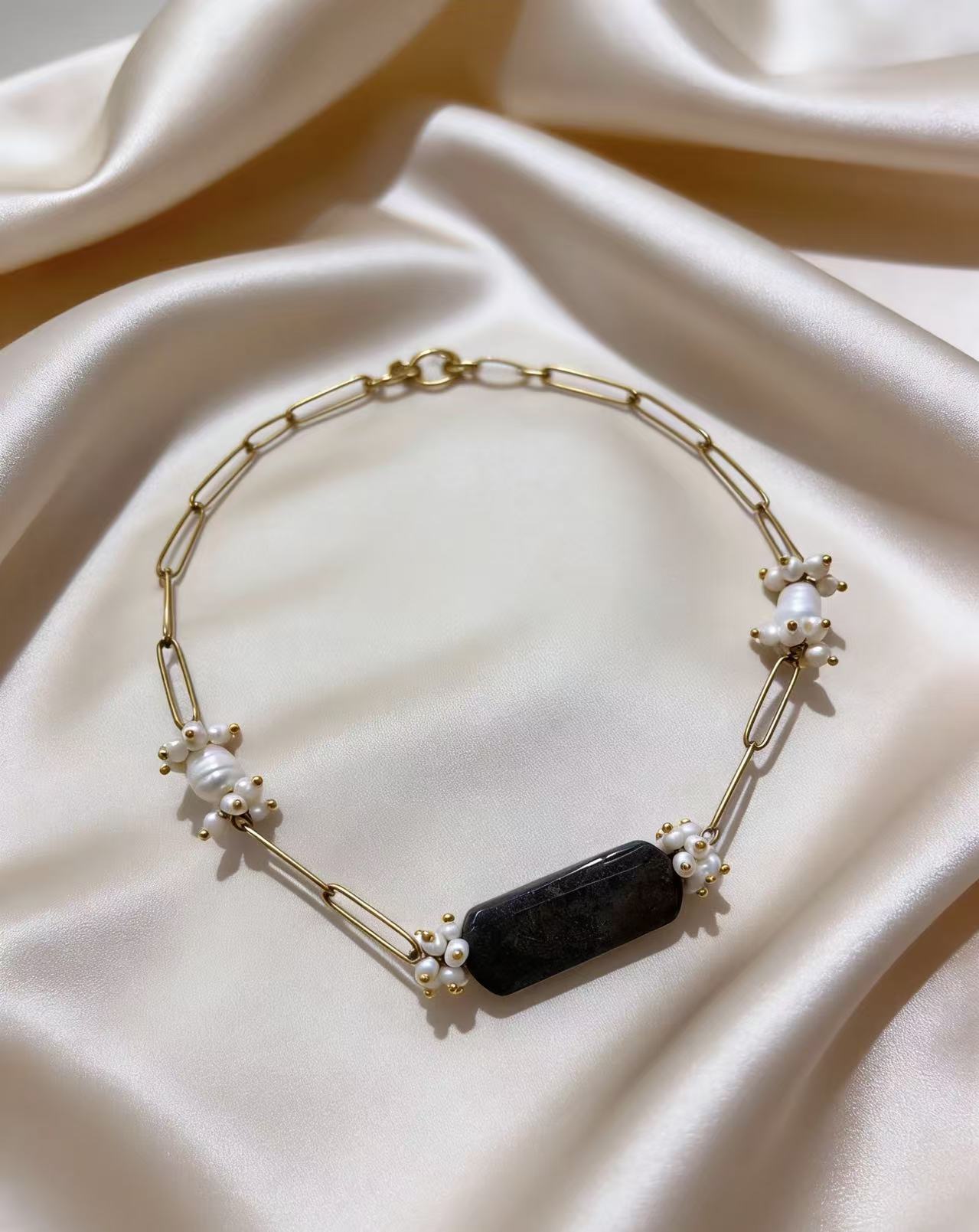 天然石黑玛瑙手工串项链小众巴洛克珍珠项链 黑方石个性锁骨链