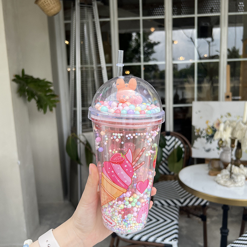 Z37-8038 Summer Dazzling and Shiny Cup, Double-layer Cartoon Cute Plastic Straw Cup, Gift Cup in Stock, portable Cross