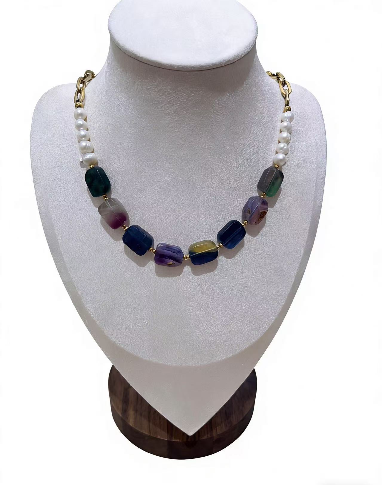 天然海洋风彩石串珠颈链 珍珠拼接轻奢气质颈饰