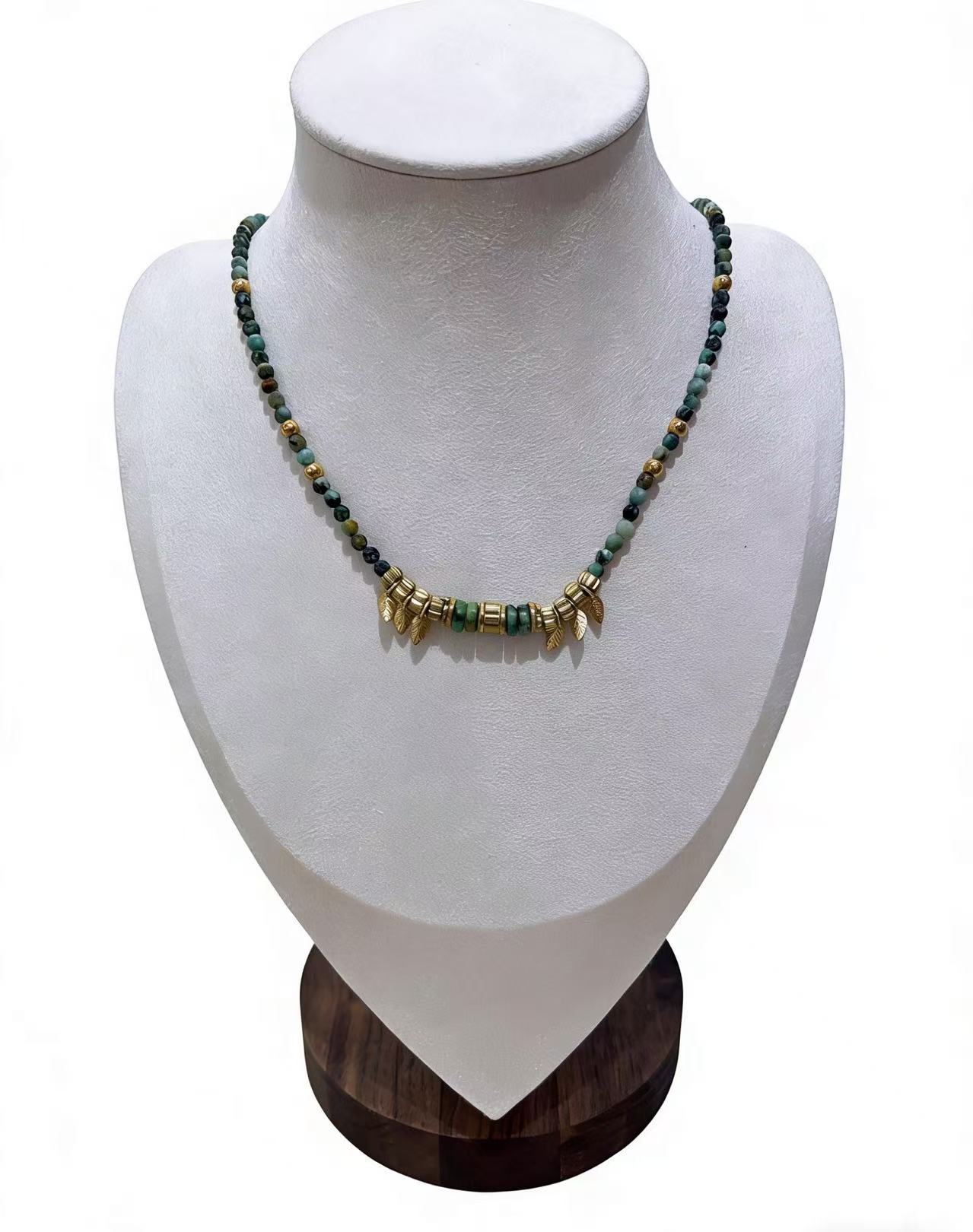天然绿松石手工串珠项链 异域风设计感气质颈饰叶子吊坠复古个性锁骨链