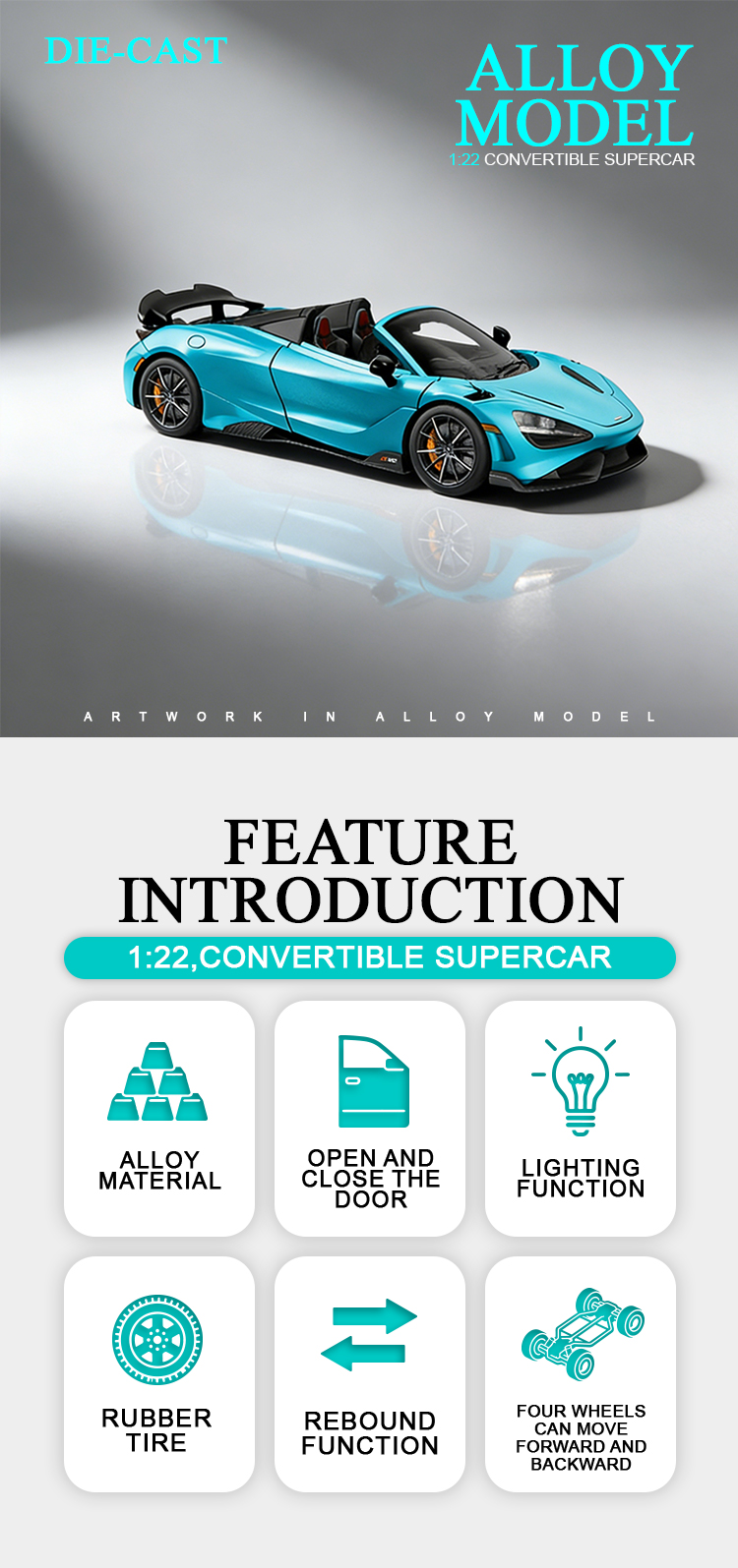 1:22喷雾迈凯伦敞篷回力合金车模型回力声光音效潮流艺术桌面潮玩详情1