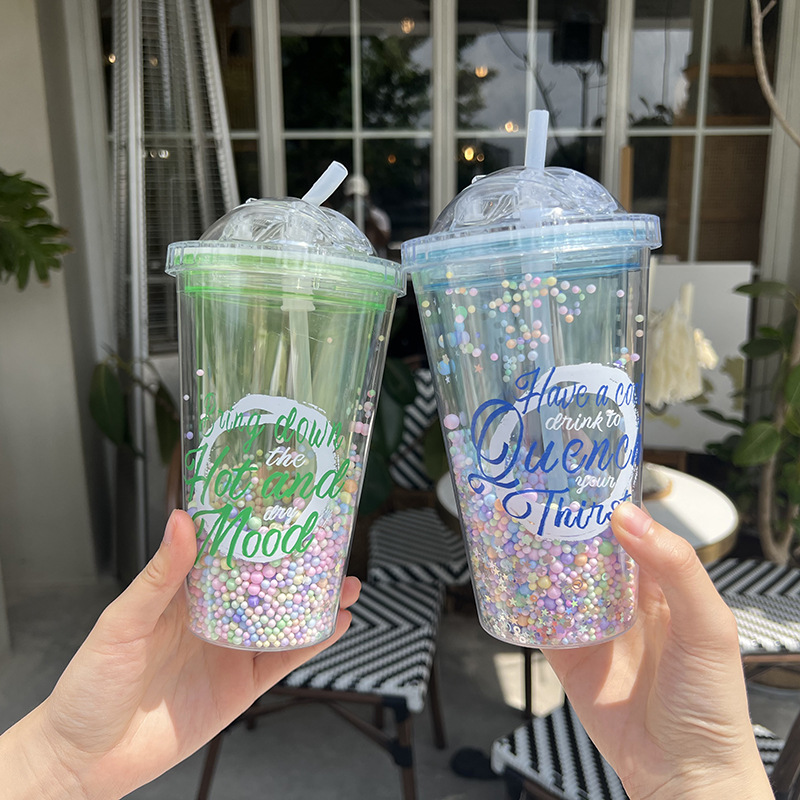 Z37-8046 Colorful Simple Sequin Double-layer transparent Plastic Cup, Advertising event Gift cup, lid-pushing straw cup, Summer Application Scenario