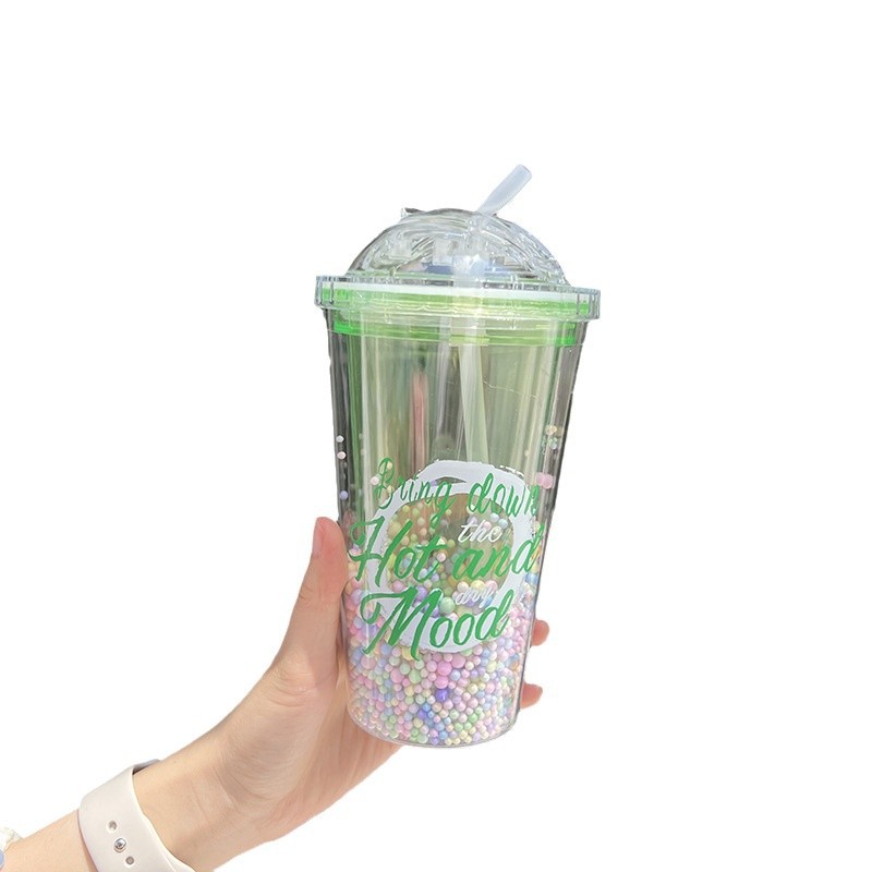 Z37-8046 Colorful Simple Sequin Double-layer transparent Plastic Cup, Advertising event Gift cup, lid-pushing straw cup, Summer Item Picture